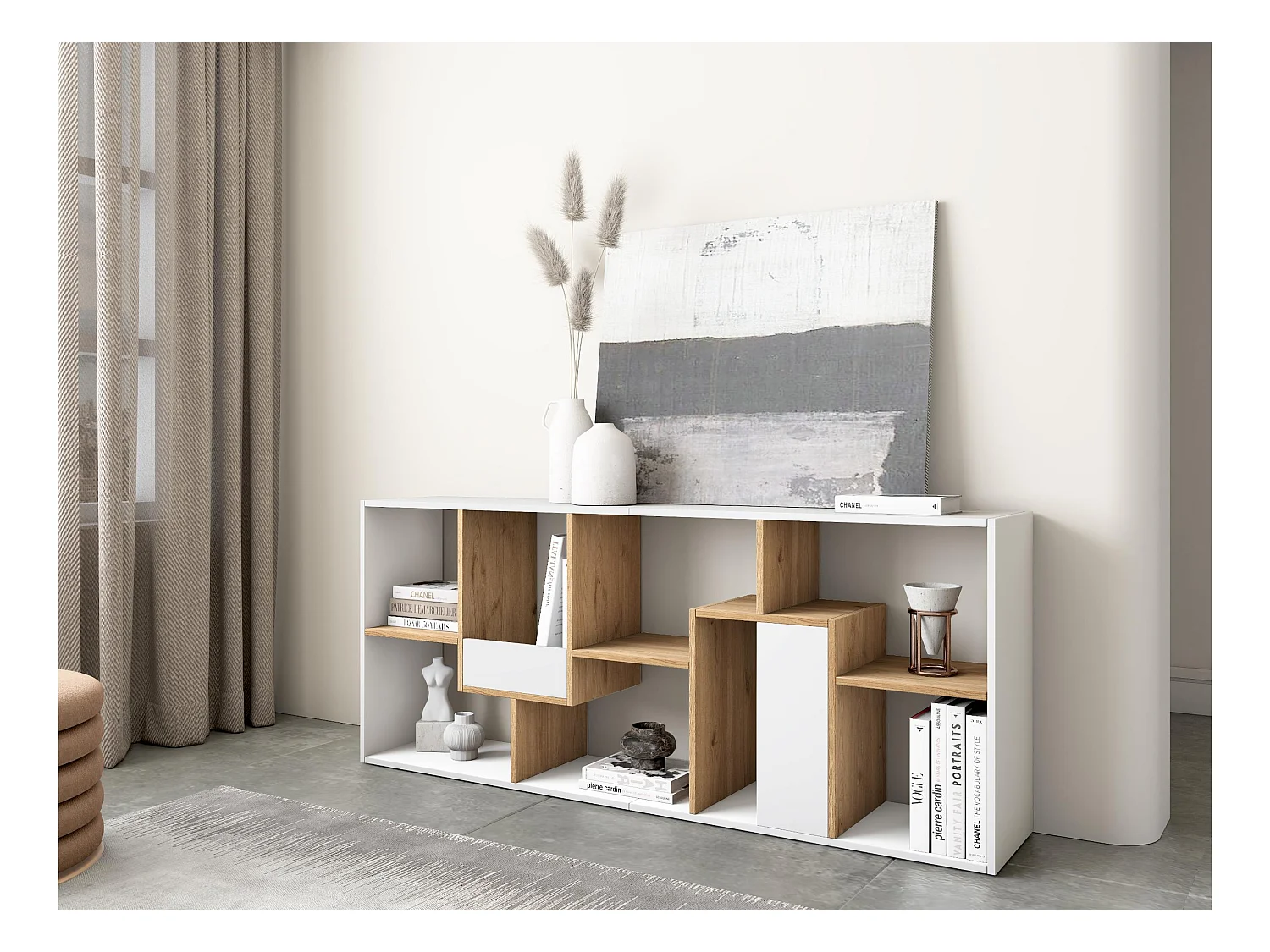 Boekenkast, Boekenplank, 162x67x31cm, Kantoorplank, Wit en Eiken