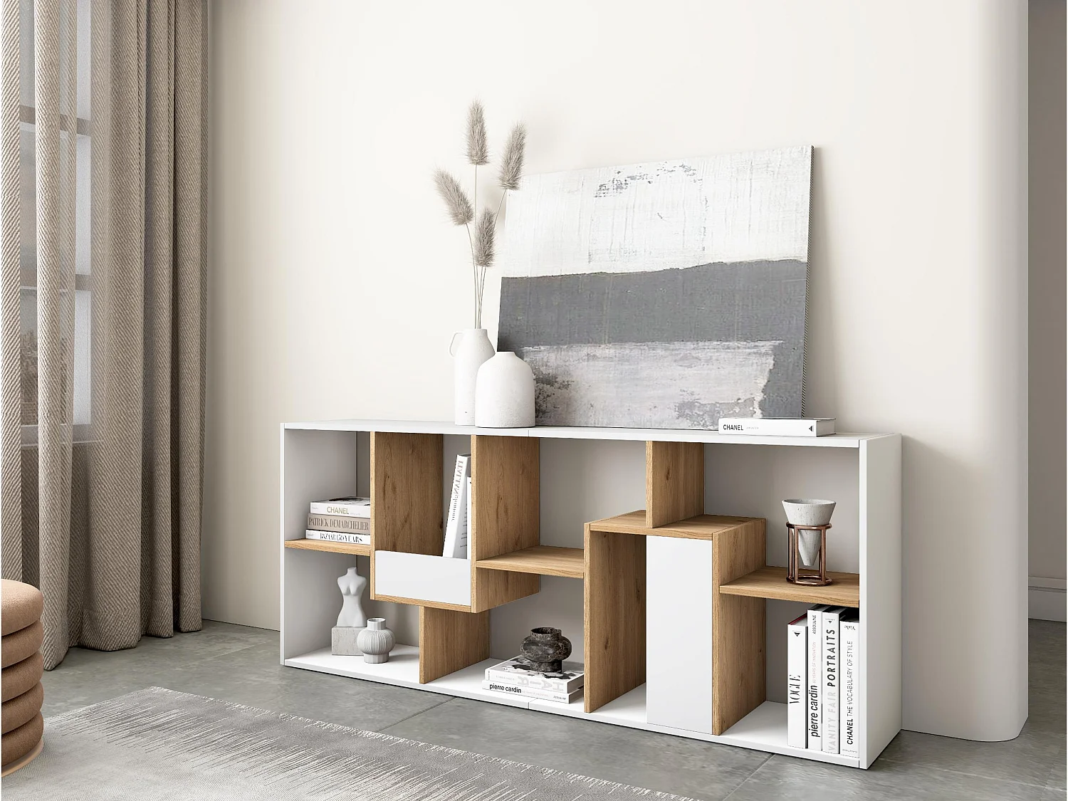Boekenkast, Boekenplank, 162x67x31cm, Kantoorplank, Wit en Eiken