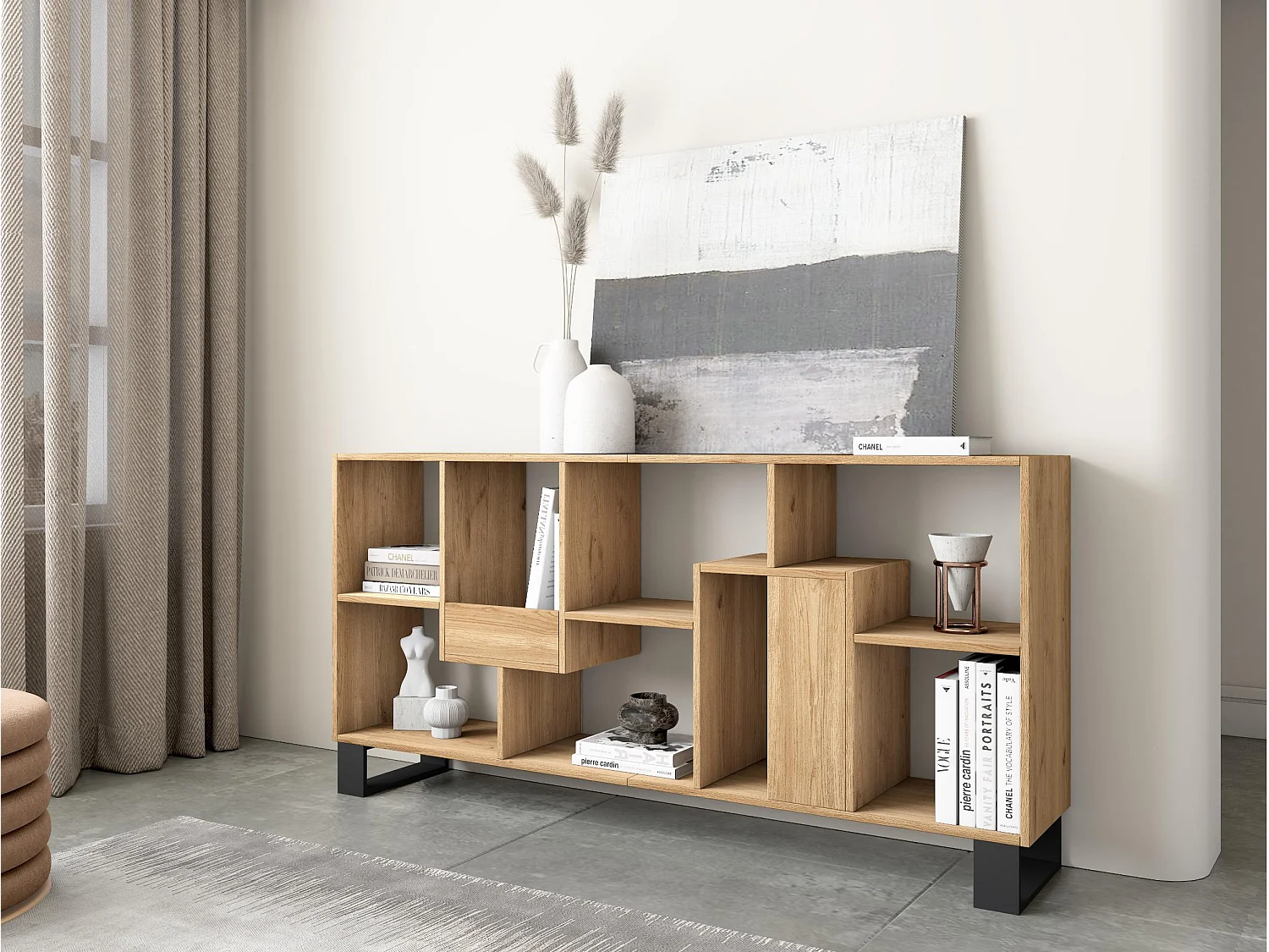 Librería estantería, 174x67x31, Diseño industrial, Roble