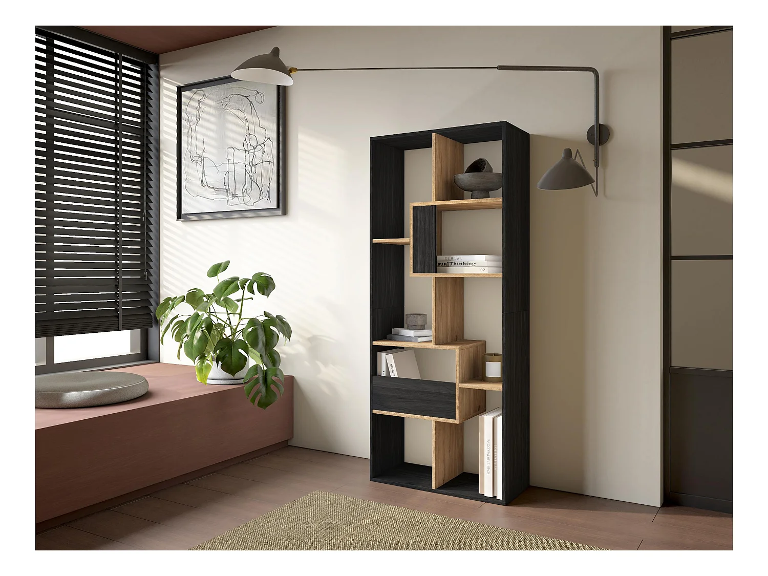 Librería estantería, 162x67x31cm, Con Almacenaje, Negro y roble