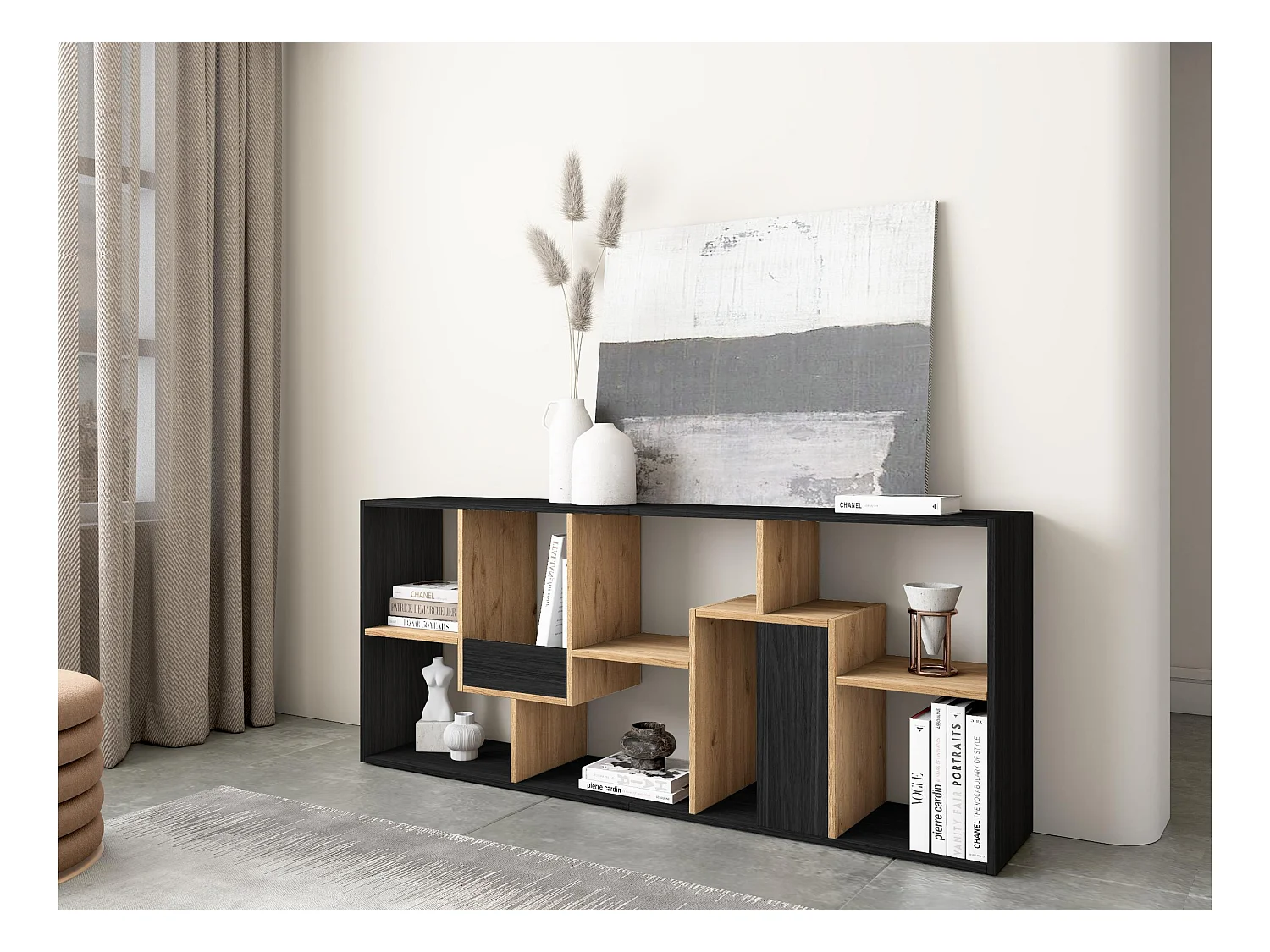 Librería estantería, 162x67x31cm, Con Almacenaje, Negro y roble