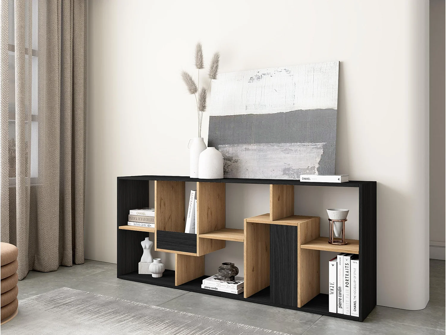 Boekenkast, Boekenplank, 162x67x31cm, Kantoorplank, Zwart/Eiken