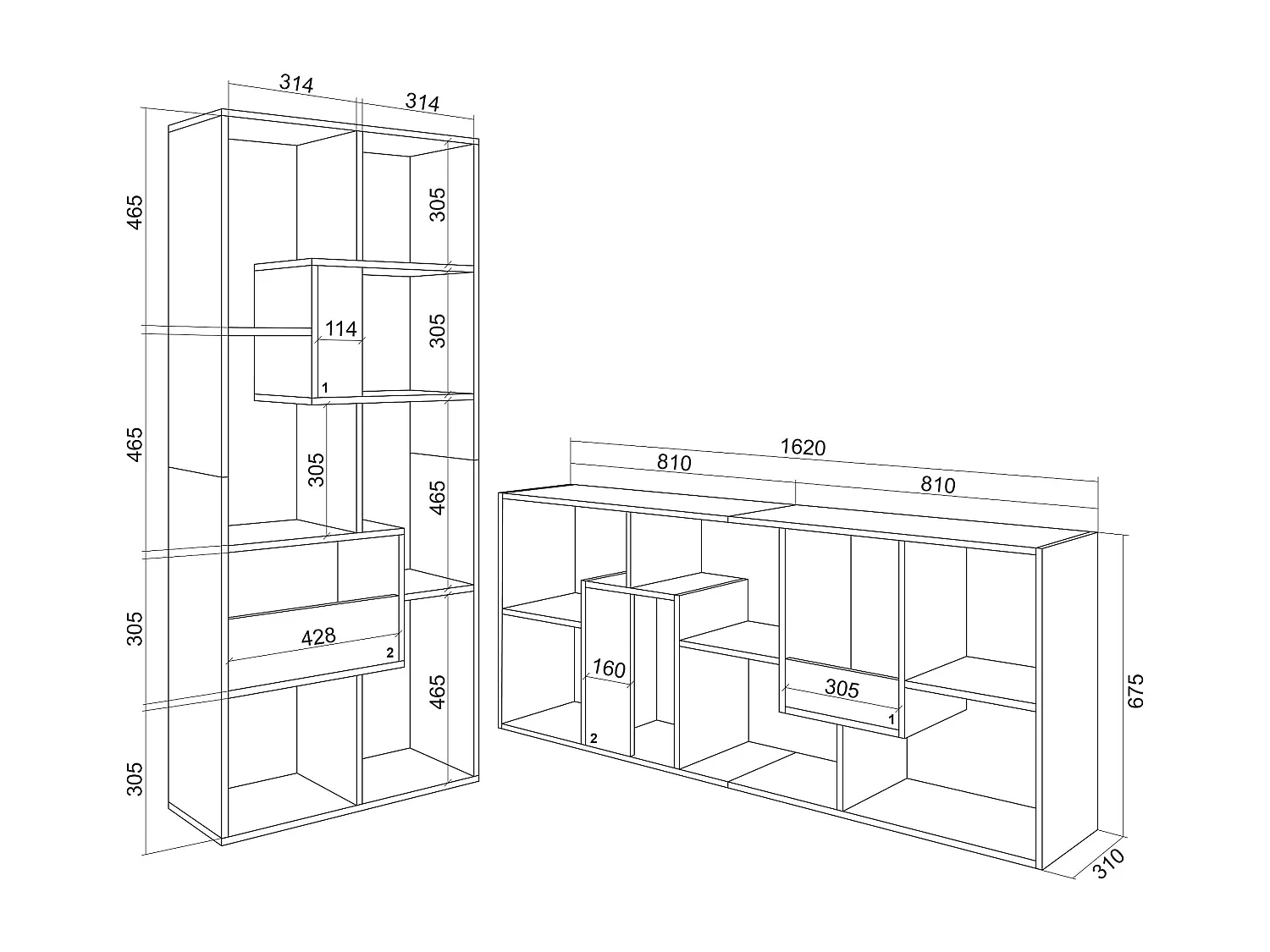 Boekenkast, Boekenplank, 162x67x31cm, Kantoorplank, Zwart/Eiken