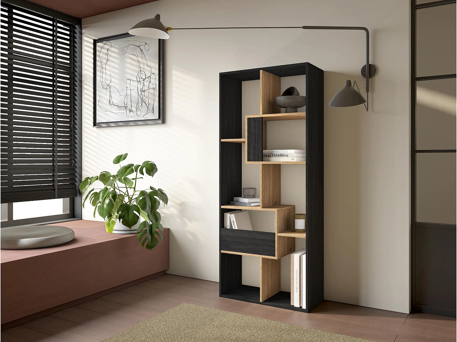 Boekenkast, Boekenplank, 162x67x31cm, Kantoorplank, Zwart/Eiken