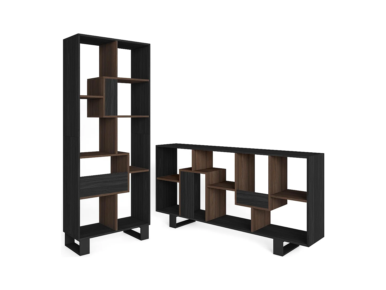 Librería estantería, 174x67x31, Diseño industrial, Negro y Roble oscuro