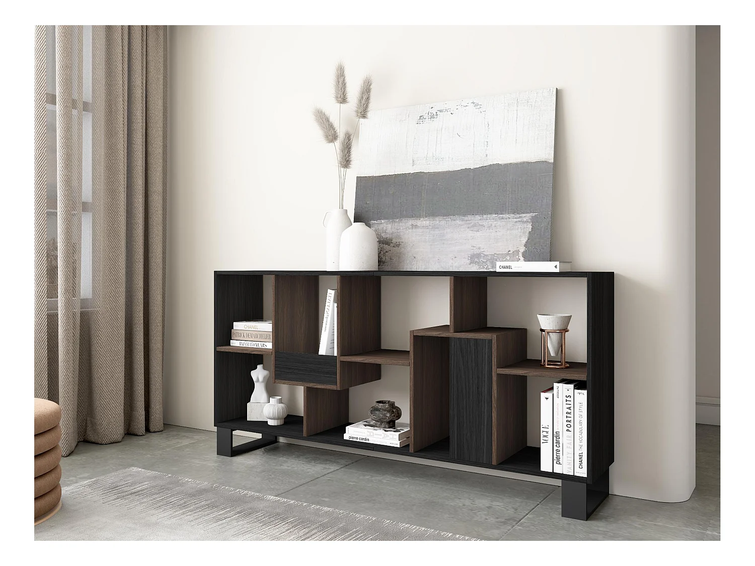 Librería estantería, 174x67x31, Diseño industrial, Negro y Roble oscuro