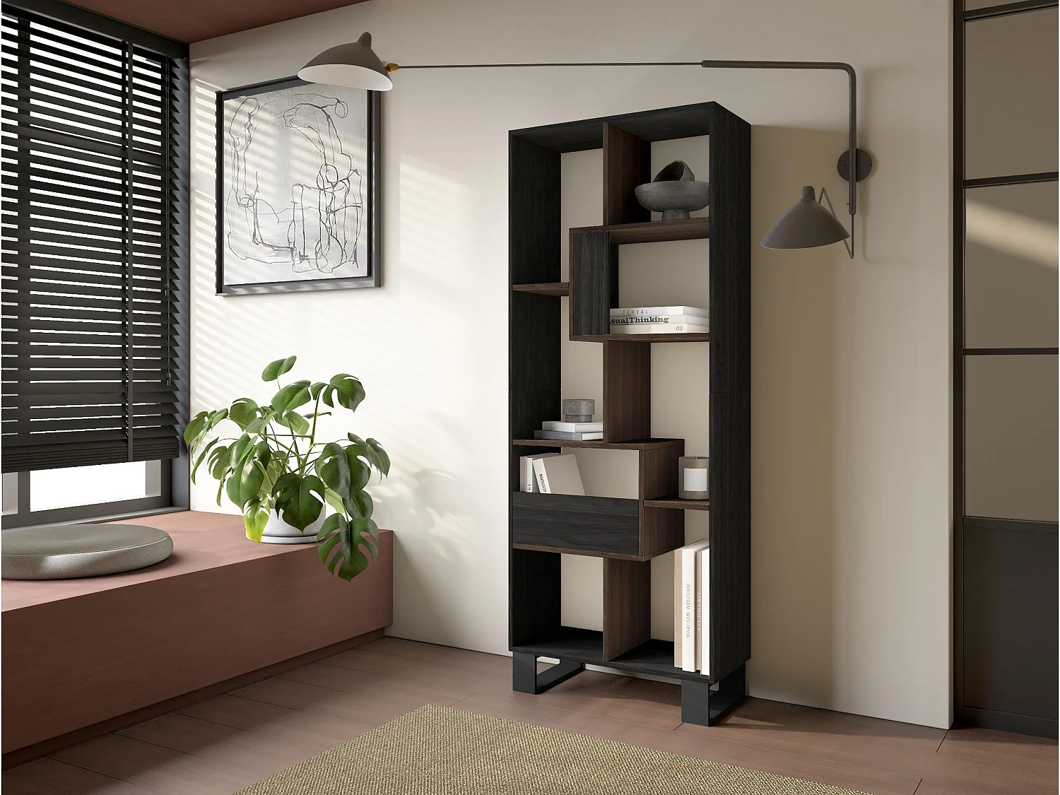 Librería estantería, 174x67x31, Diseño industrial, Negro y Roble oscuro