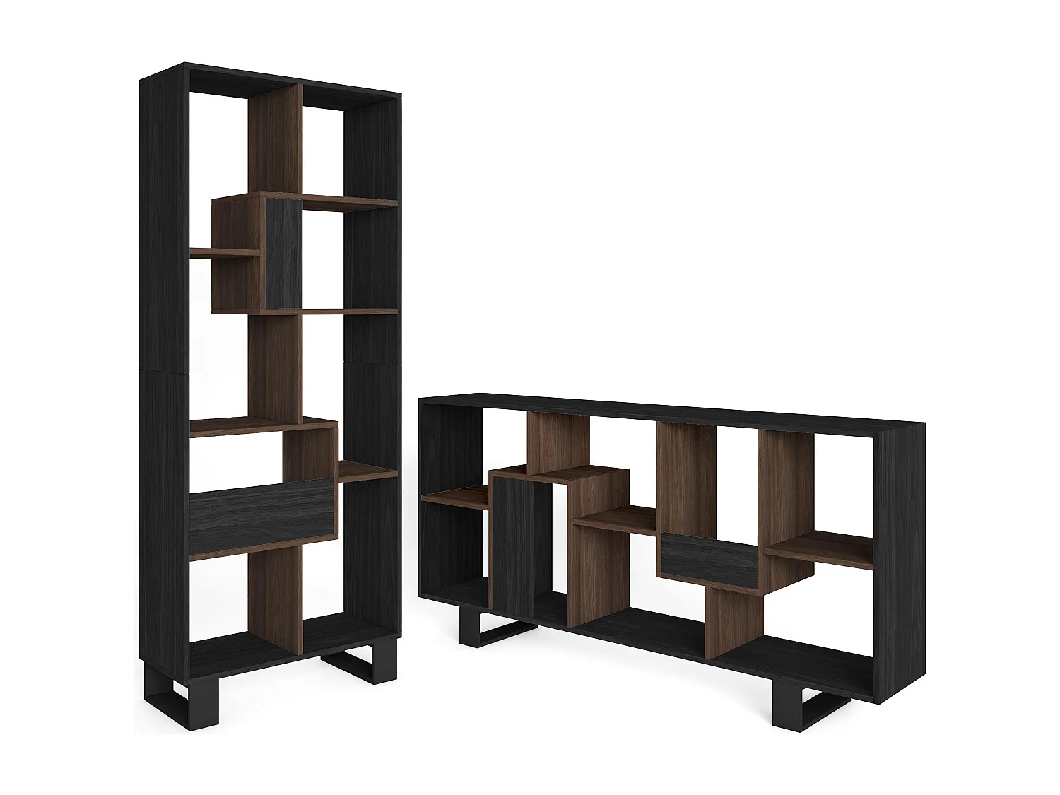 Librería estantería, 174x67x31, Diseño industrial, Negro y Roble oscuro