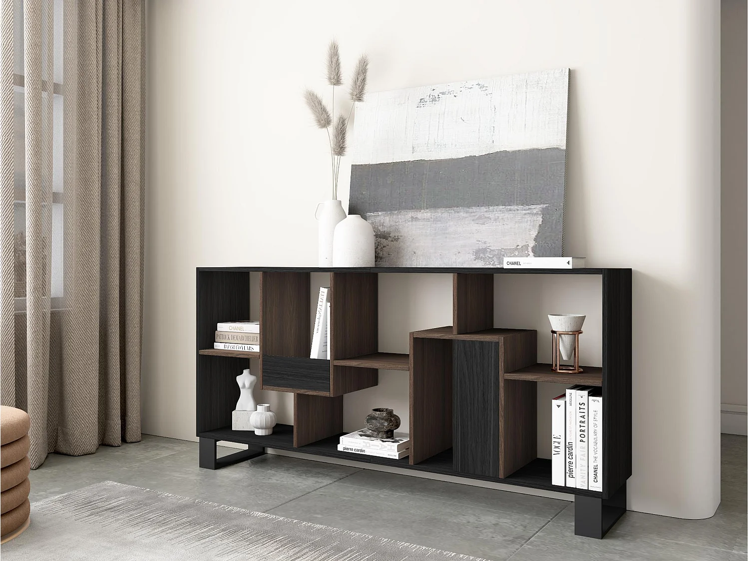 Librería estantería, 174x67x31, Diseño industrial, Negro y Roble oscuro