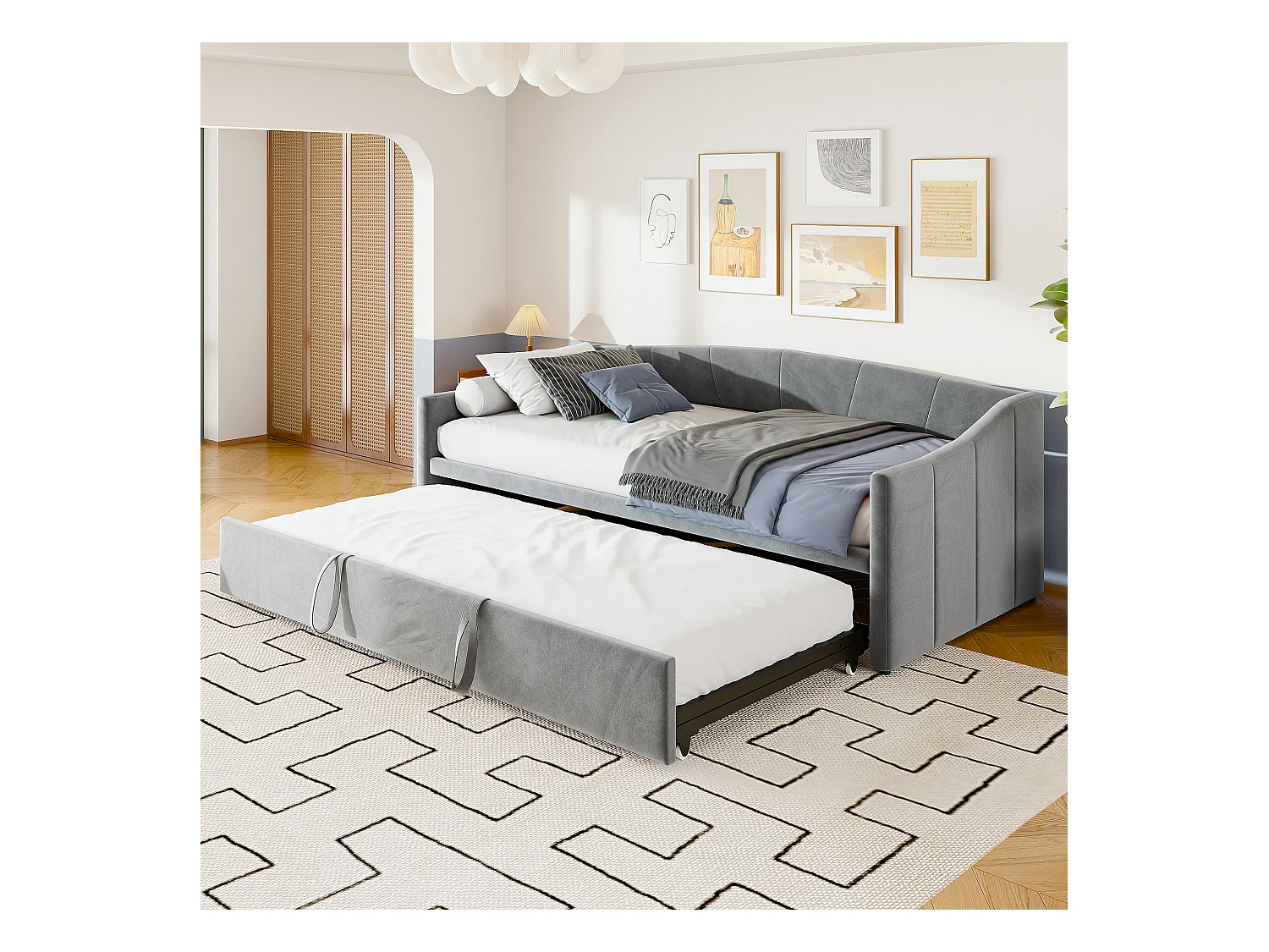 Ausziehbett 90/180x200 cm – Umbaubares Polsterbett mit Lattenrost – Multifunktionales ausziehbares Schlafsofa aus weichem Samtstoff – Grau