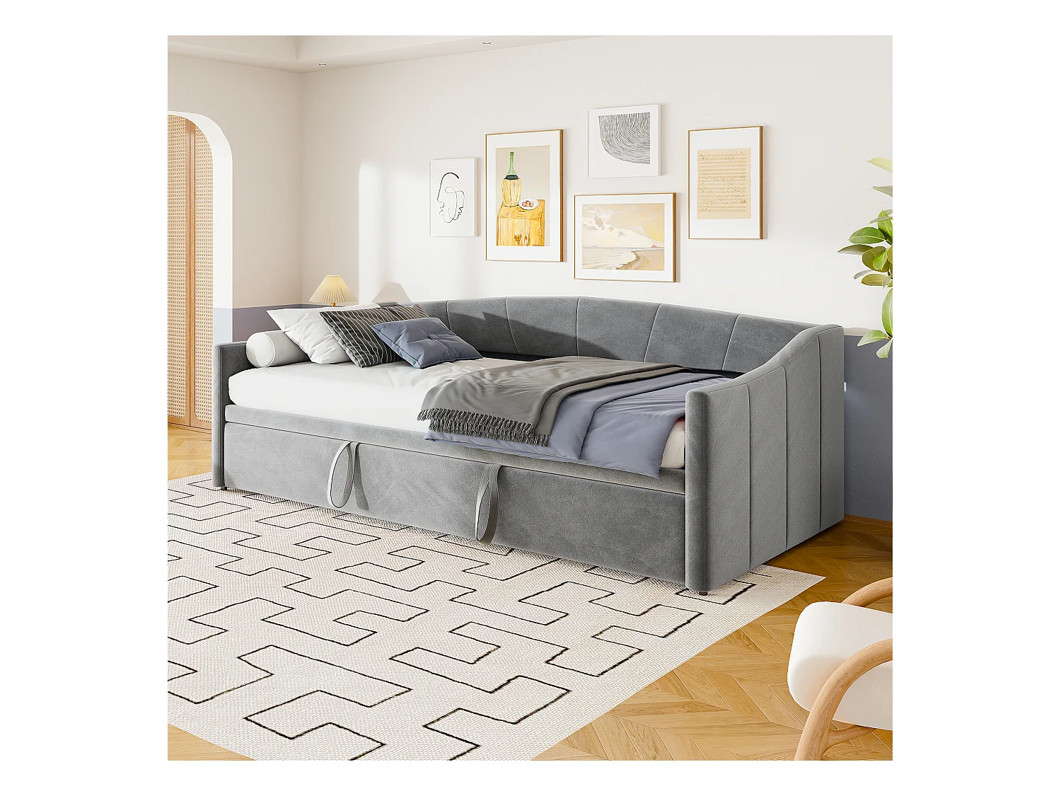 Ausziehbett 90/180x200 cm – Umbaubares Polsterbett mit Lattenrost – Multifunktionales ausziehbares Schlafsofa aus weichem Samtstoff – Grau