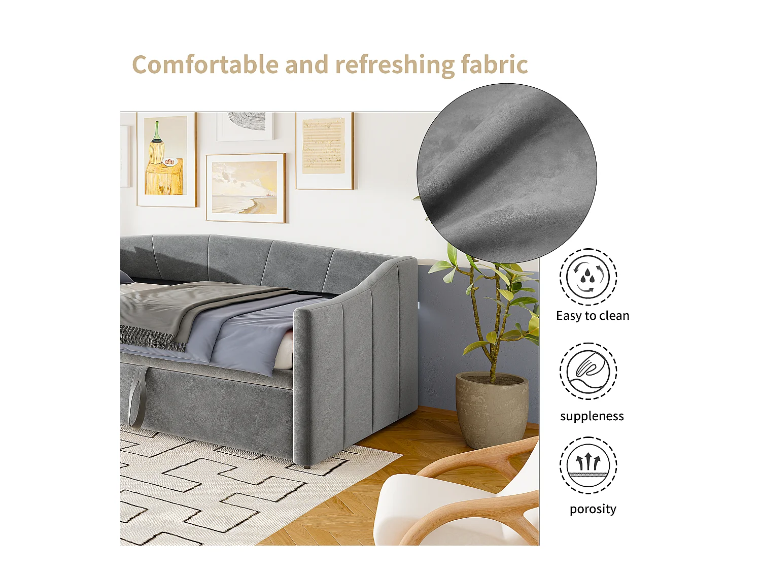 Ausziehbett 90/180x200 cm – Umbaubares Polsterbett mit Lattenrost – Multifunktionales ausziehbares Schlafsofa aus weichem Samtstoff – Grau