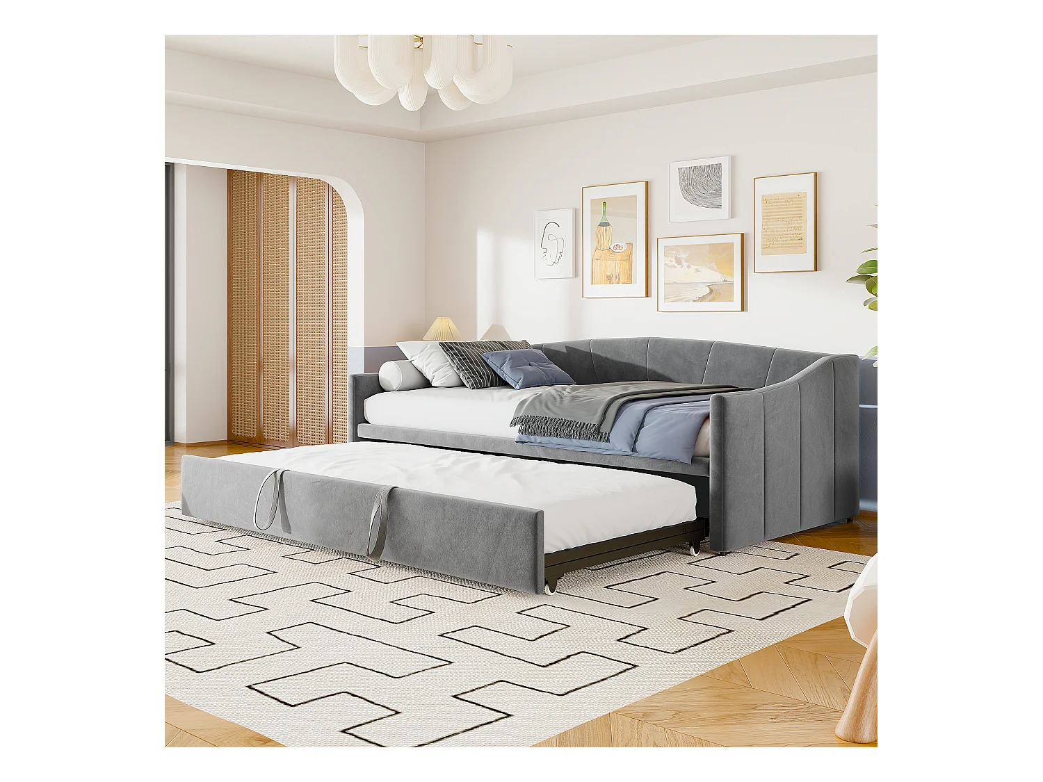 Ausziehbett 90/180x200 cm – Umbaubares Polsterbett mit Lattenrost – Multifunktionales ausziehbares Schlafsofa aus weichem Samtstoff – Grau