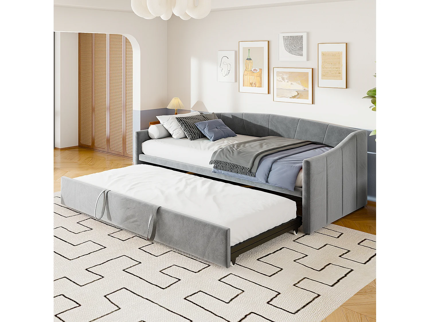 Letto estraibile 90/180x200 cm – Letto imbottito trasformabile con rete a doghe – Divano letto estensibile multifunzionale in morbido velluto – Grigio