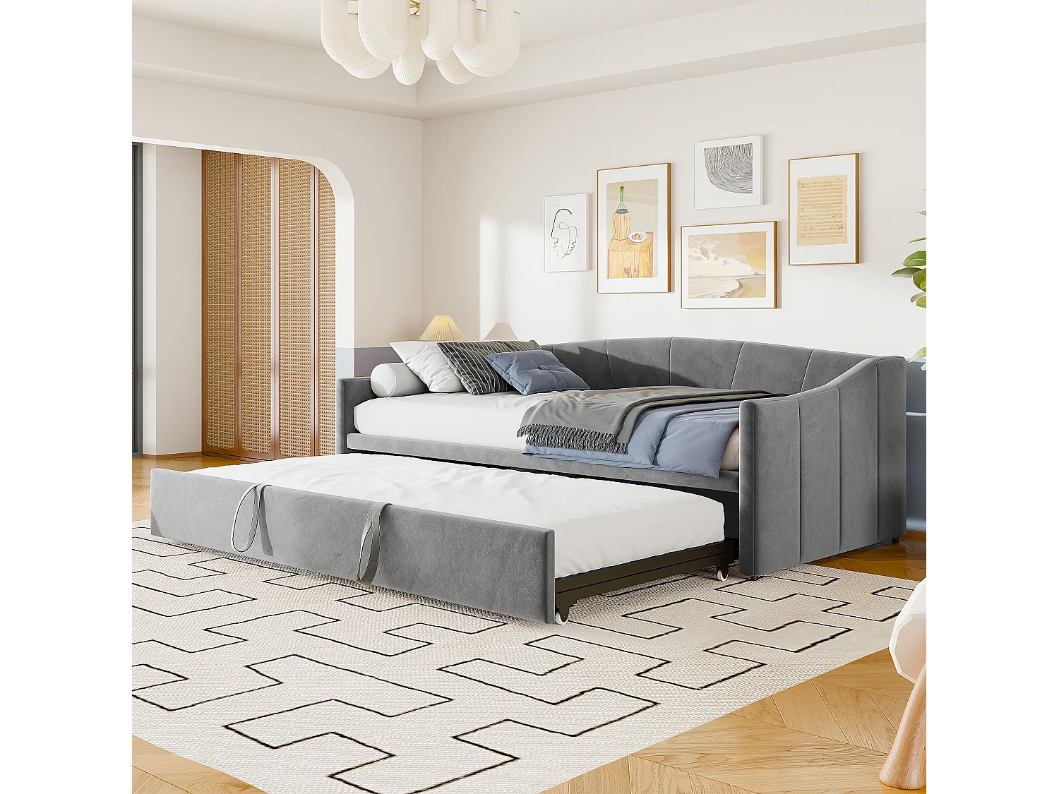 Cama nido 90/180x200 cm – Cama convertible tapizada con somier de láminas – Sofá cama extensible multifuncional en suave tejido de terciopelo – Gris
