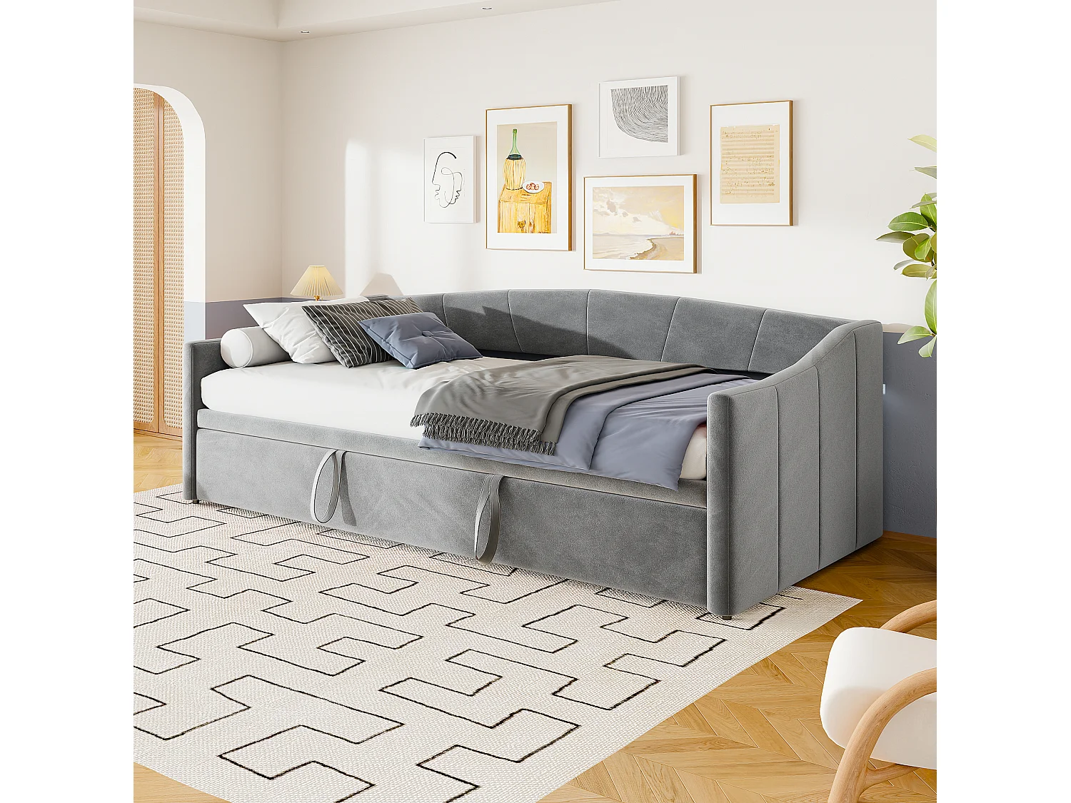 Cama nido 90/180x200 cm – Cama convertible tapizada con somier de láminas – Sofá cama extensible multifuncional en suave tejido de terciopelo – Gris