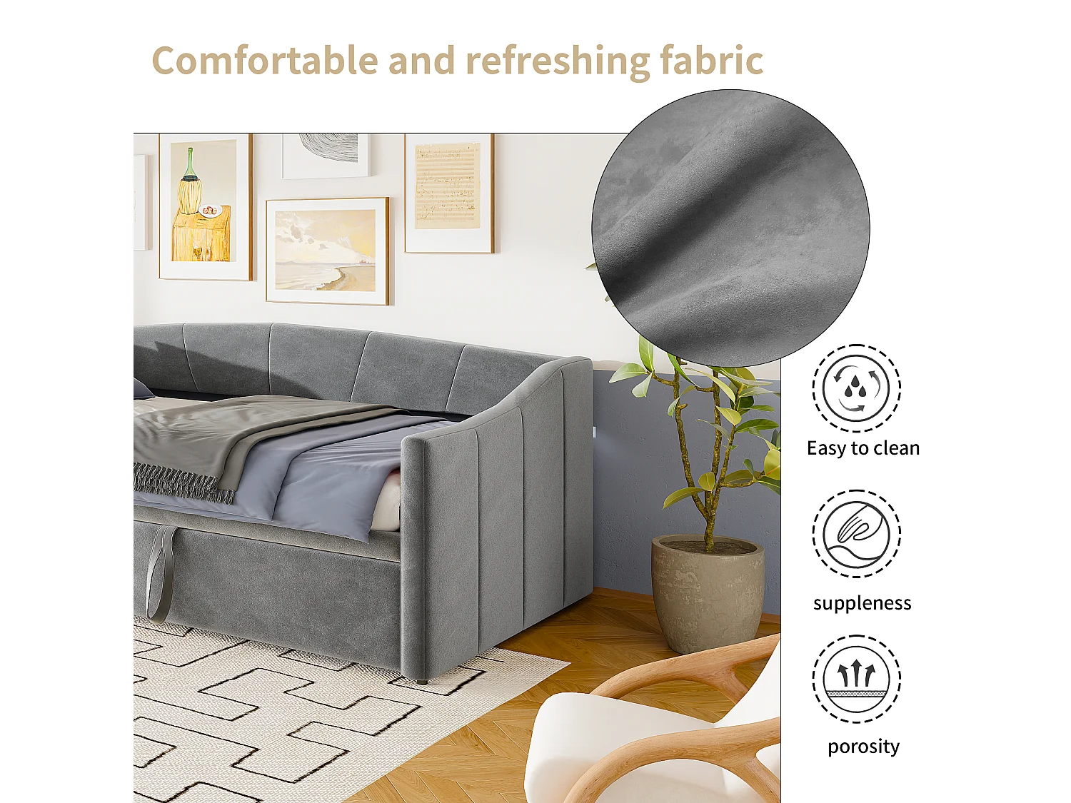 Lit gigogne 90/180x200 cm – Lit capitonné convertible avec sommiers à lattes – Canapé-lit extensible multifonction en tissu velours doux – Gris