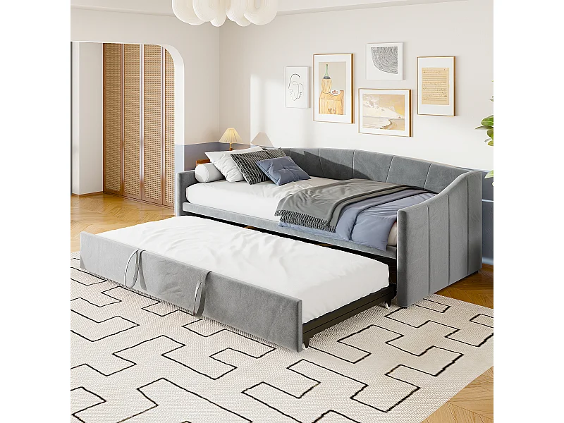 Uitschuifbed 90/180x200 cm – Omvormbaar gestoffeerd bed met lattenbodems – Multifunctionele uitschuifbare slaapbank in zachte fluwelen stof – Grijs