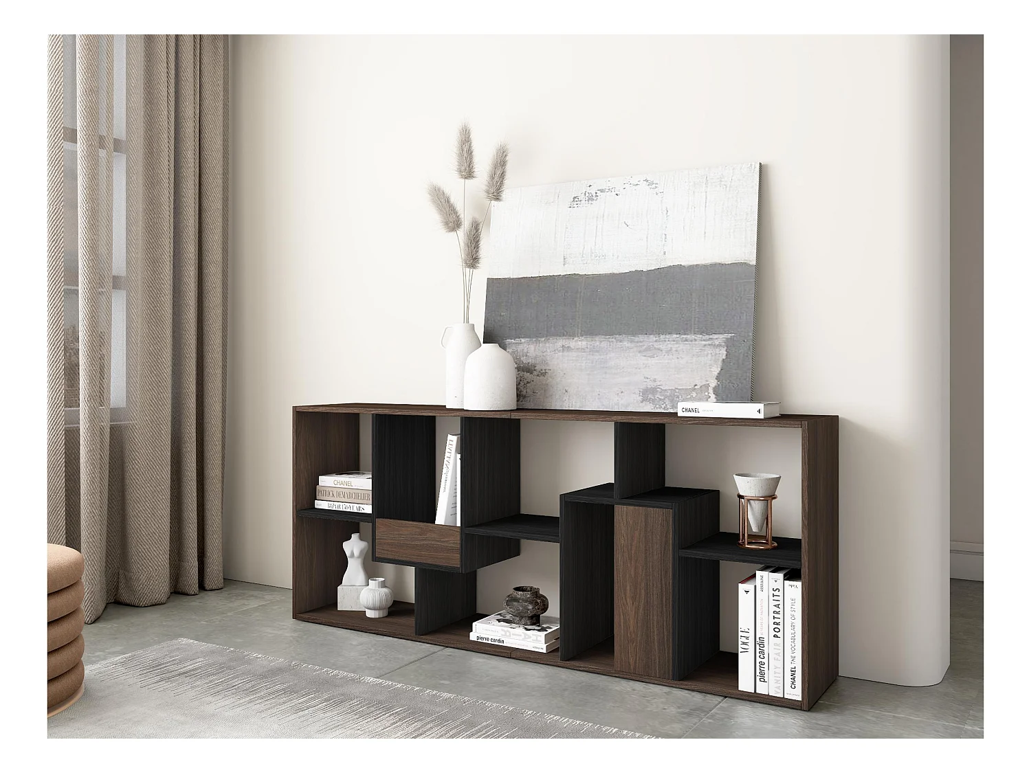 Boekenkast, Boekenplank, 162x67x31cm, Kantoorplank, Donkere eik en Zwart