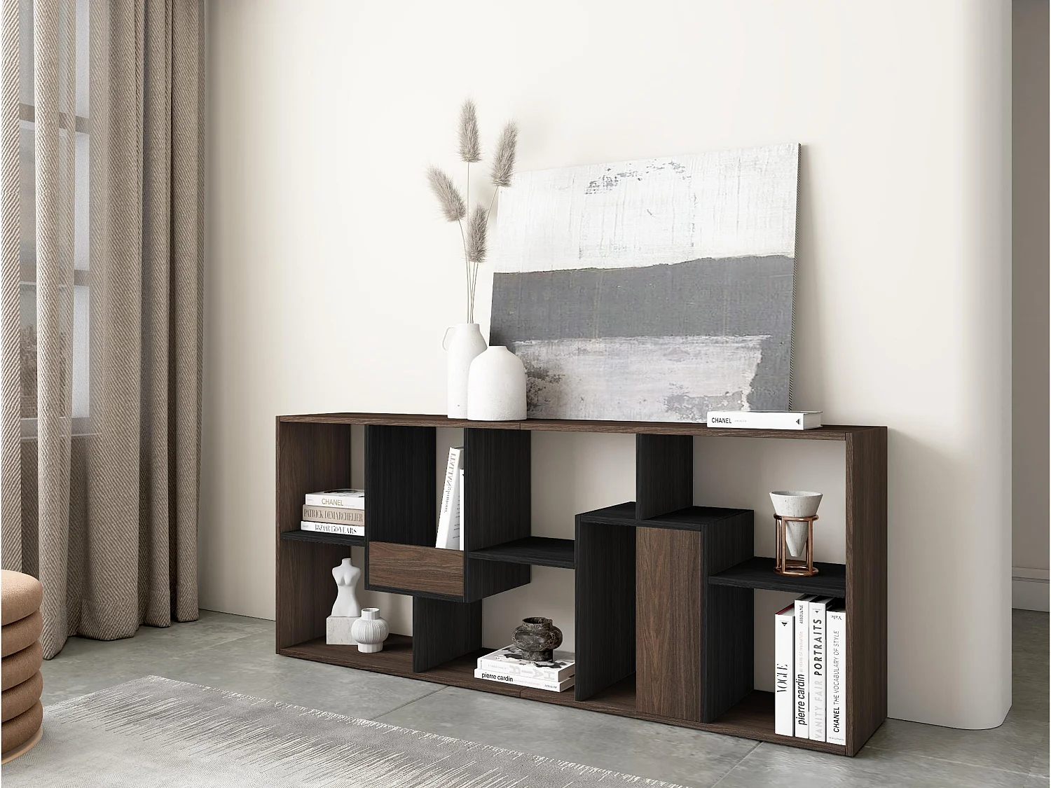 Boekenkast, Boekenplank, 162x67x31cm, Kantoorplank, Donkere eik en Zwart