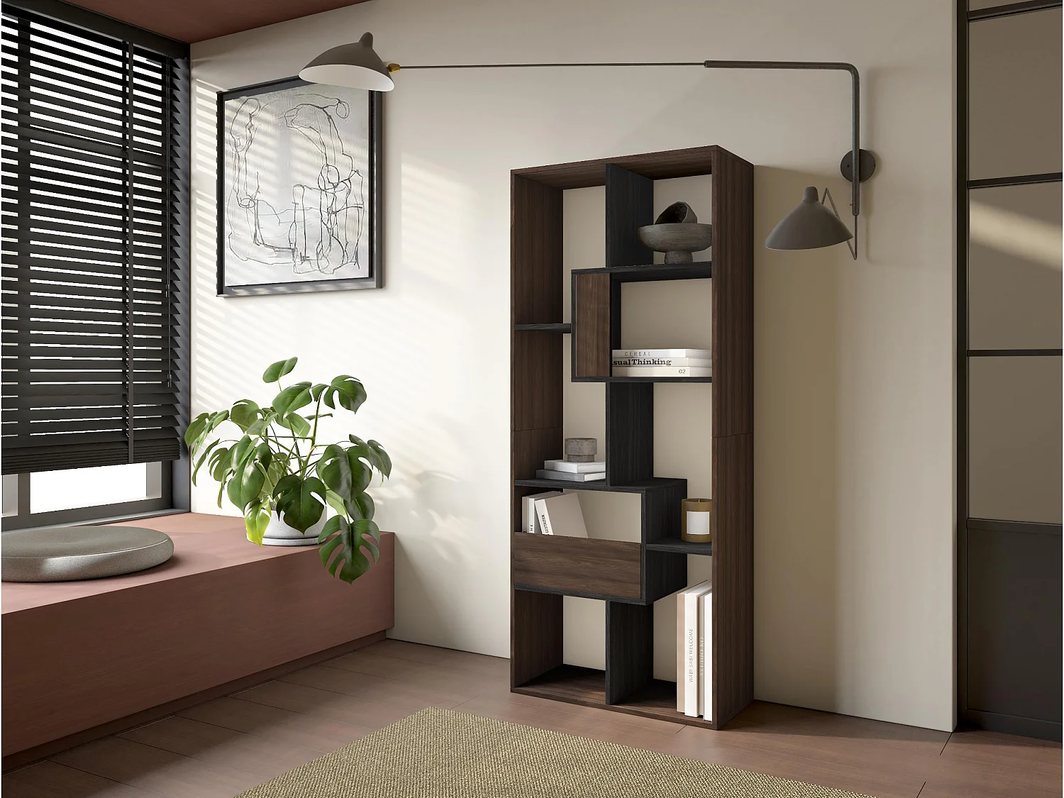 Étagère Bibliothèque, 67x31x162cm, Salon, Bureau, Chêne foncé et Noir