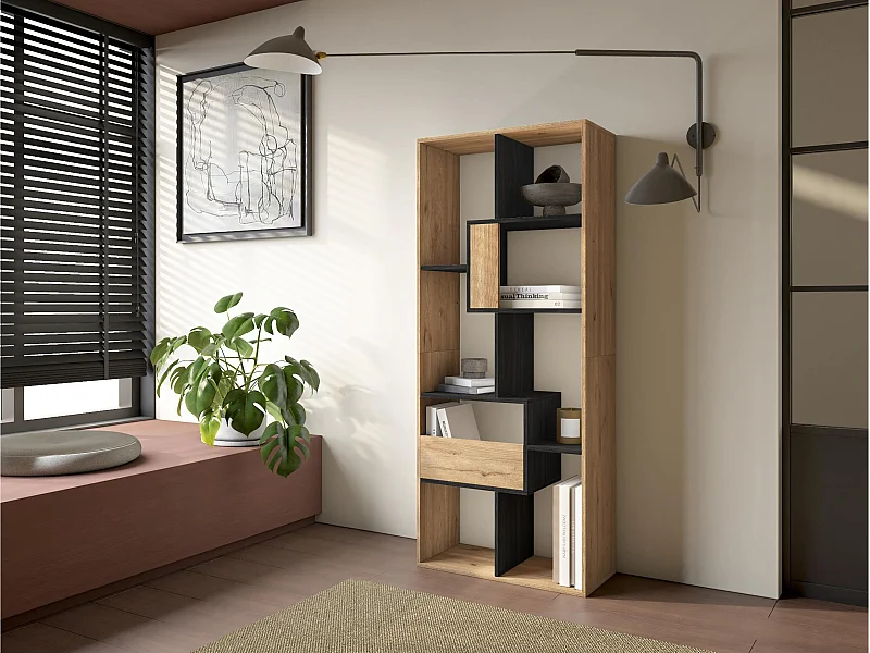 Boekenkast, Boekenplank, 162x67x31cm, Kantoorplank, Eiken/Zwart