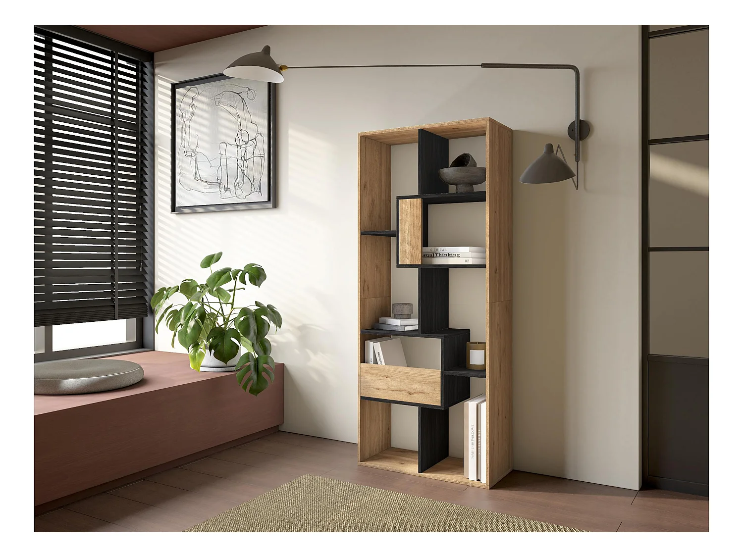 Boekenkast, Boekenplank, 162x67x31cm, Kantoorplank, Eiken/Zwart