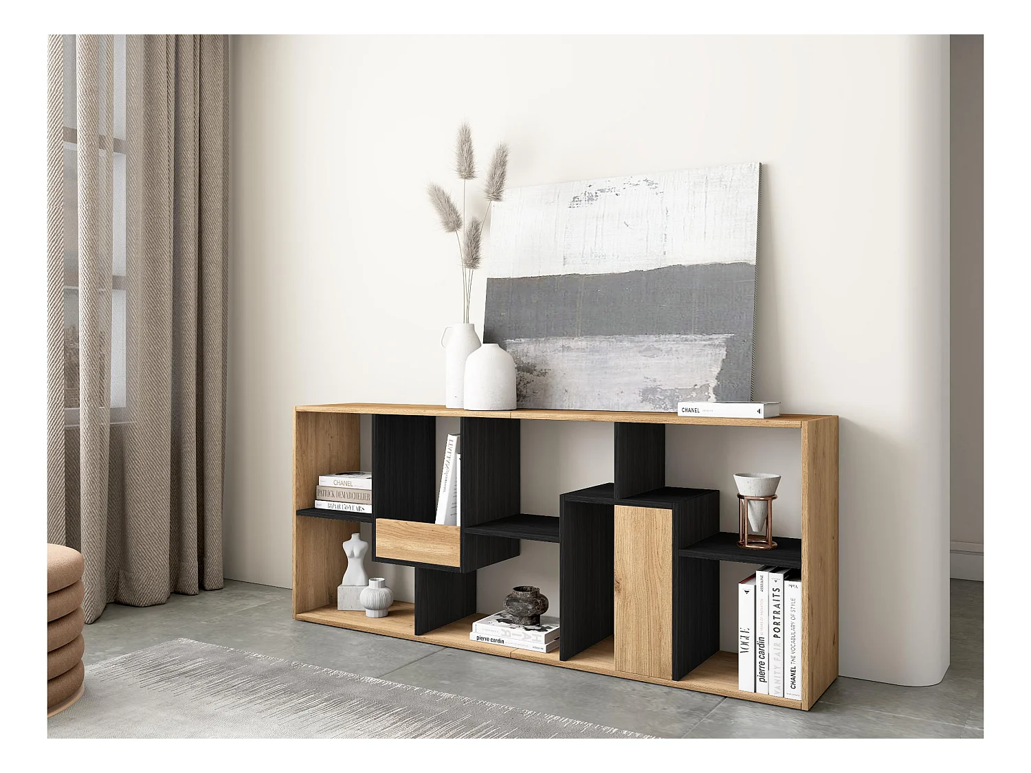 Boekenkast, Boekenplank, 162x67x31cm, Kantoorplank, Eiken/Zwart