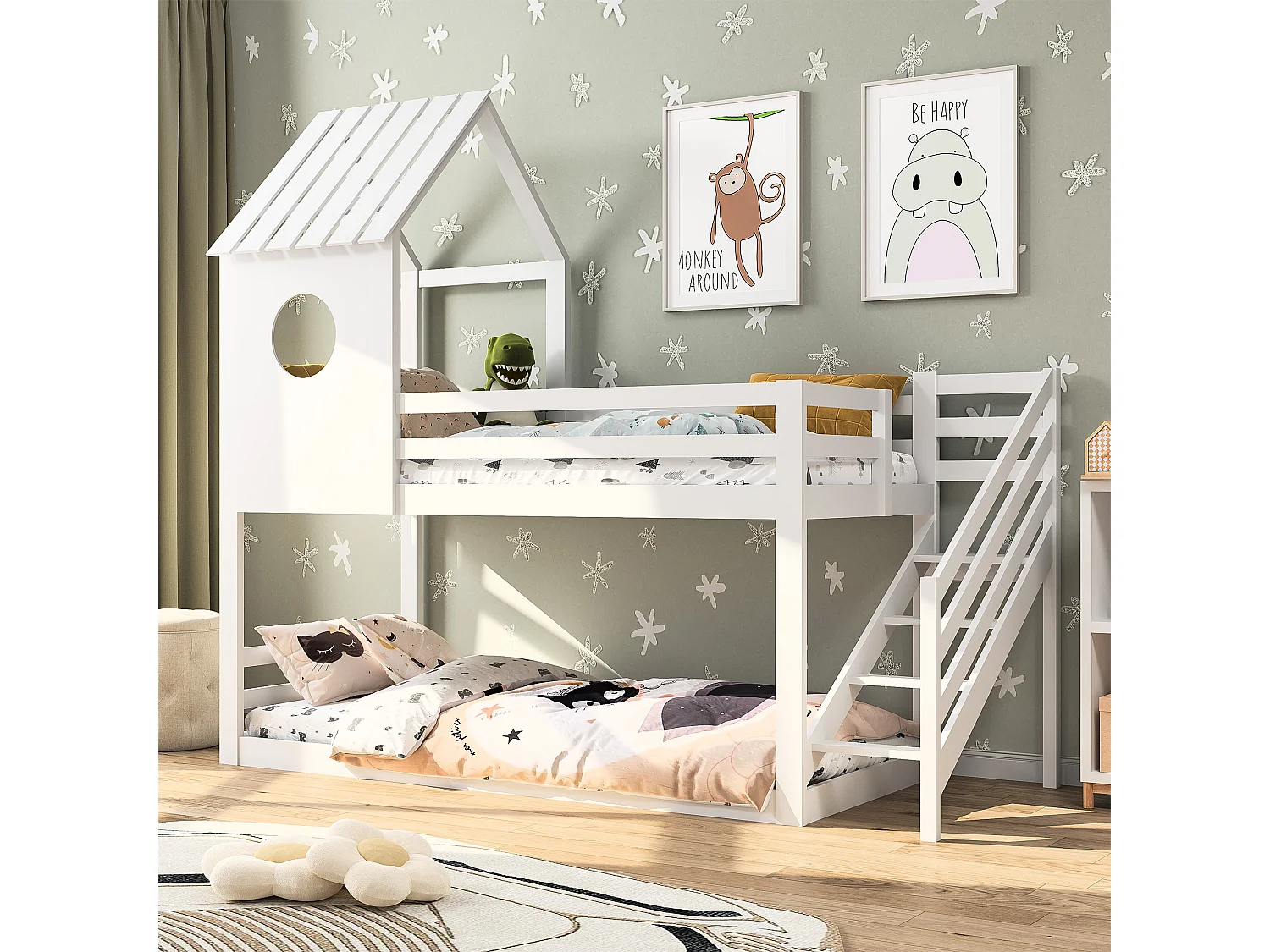 Lit superposé 2x90x200 cm en bois de pin – Avec escalier et sommier à lattes – Couleur blanche