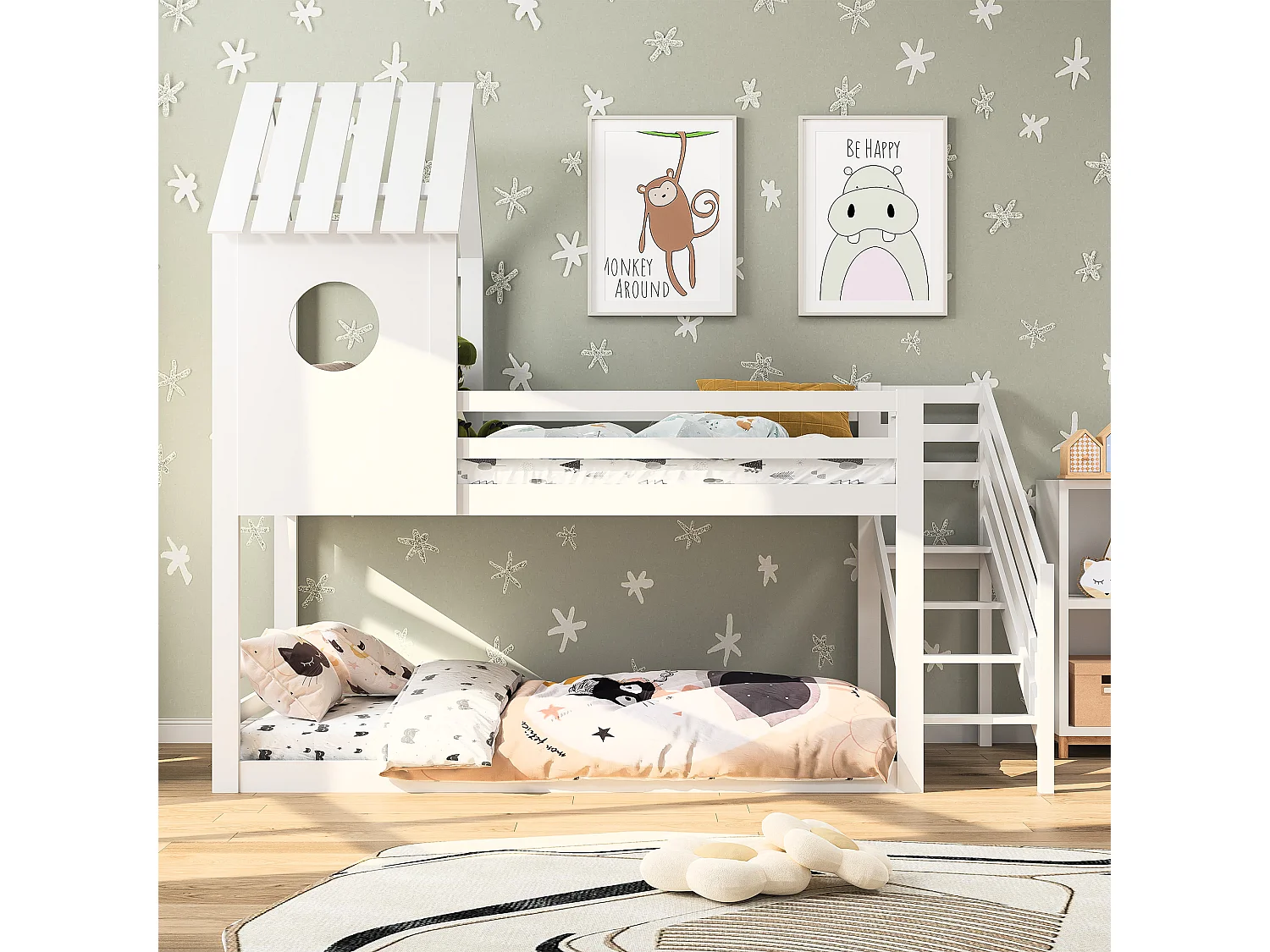 Lit superposé 2x90x200 cm en bois de pin – Avec escalier et sommier à lattes – Couleur blanche