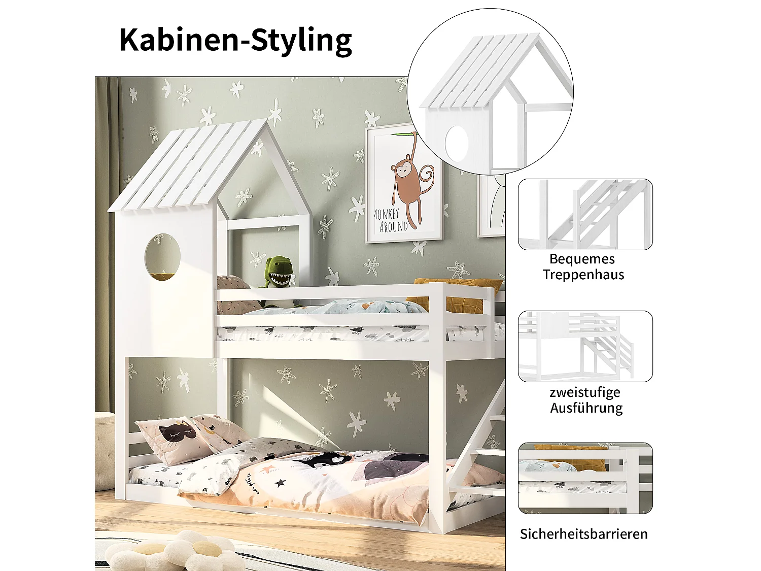Lit superposé 2x90x200 cm en bois de pin – Avec escalier et sommier à lattes – Couleur blanche