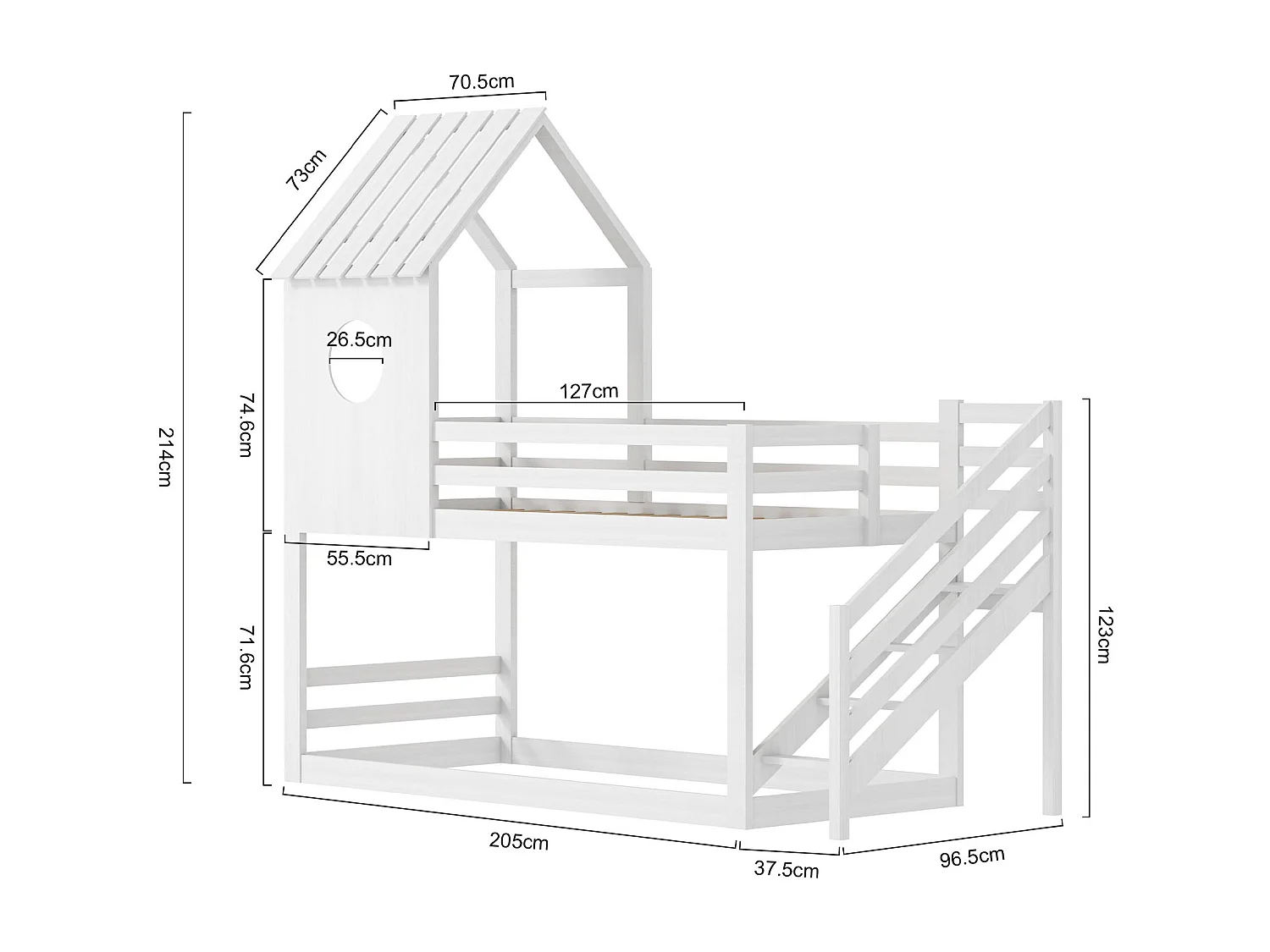 Lit superposé 2x90x200 cm en bois de pin – Avec escalier et sommier à lattes – Couleur blanche