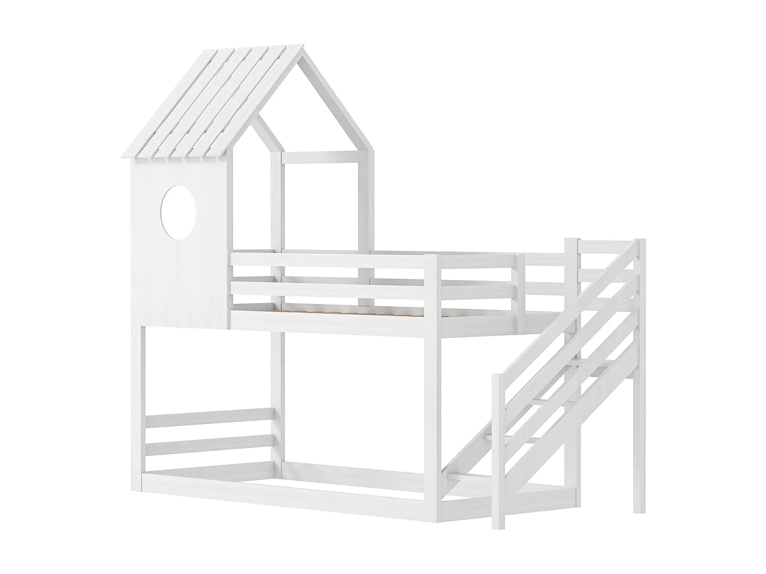 Lit superposé 2x90x200 cm en bois de pin – Avec escalier et sommier à lattes – Couleur blanche