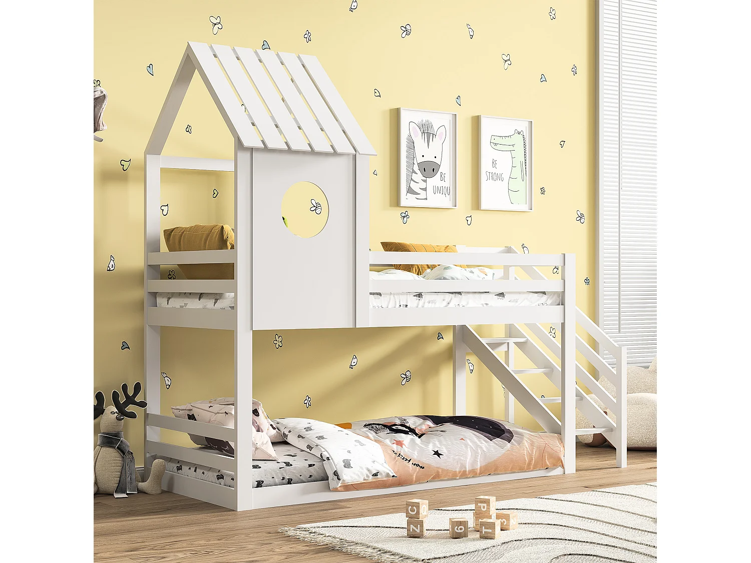 Lit superposé 2x90x200 cm en bois de pin – Avec escalier et sommier à lattes – Couleur blanche