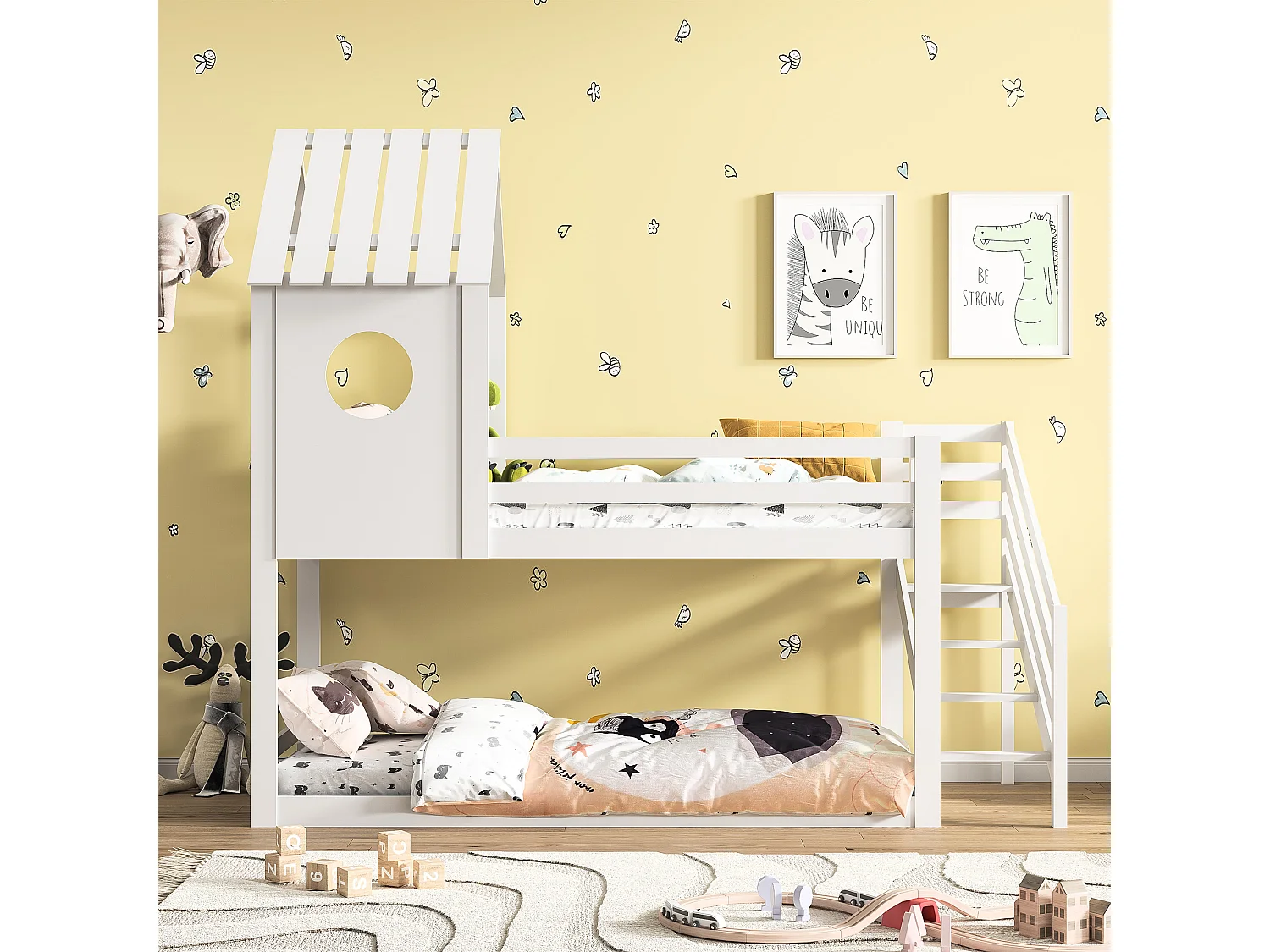 Lit superposé 2x90x200 cm en bois de pin – Avec escalier et sommier à lattes – Couleur blanche