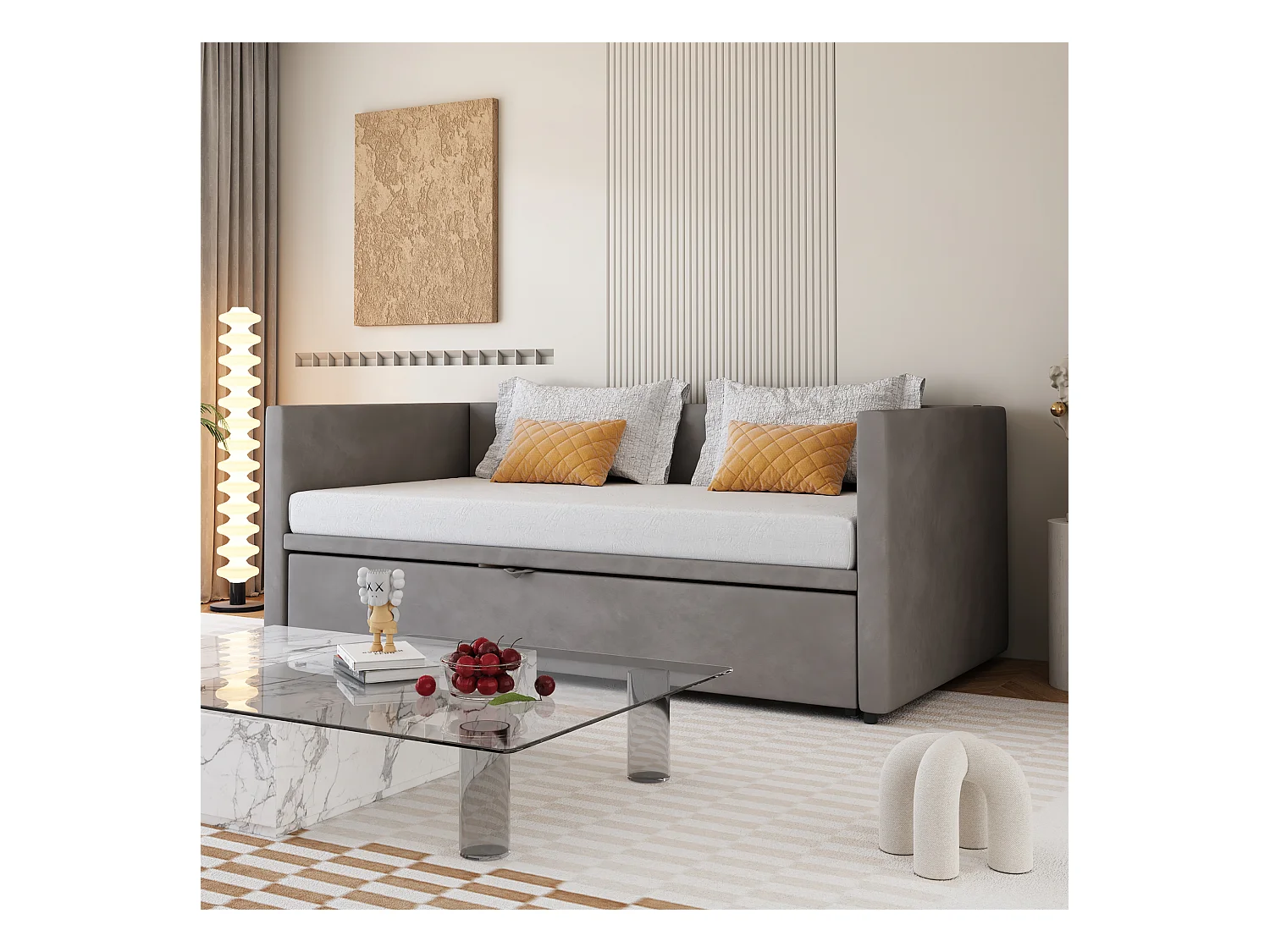 Ausziehbett 90/180x200 cm – Umbaubares Polsterbett mit Lattenrost – Multifunktionales ausziehbares Schlafsofa aus weichem Samtstoff – Grau