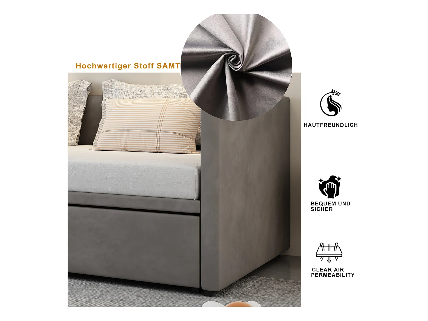 Ausziehbett 90/180x200 cm – Umbaubares Polsterbett mit Lattenrost – Multifunktionales ausziehbares Schlafsofa aus weichem Samtstoff – Grau