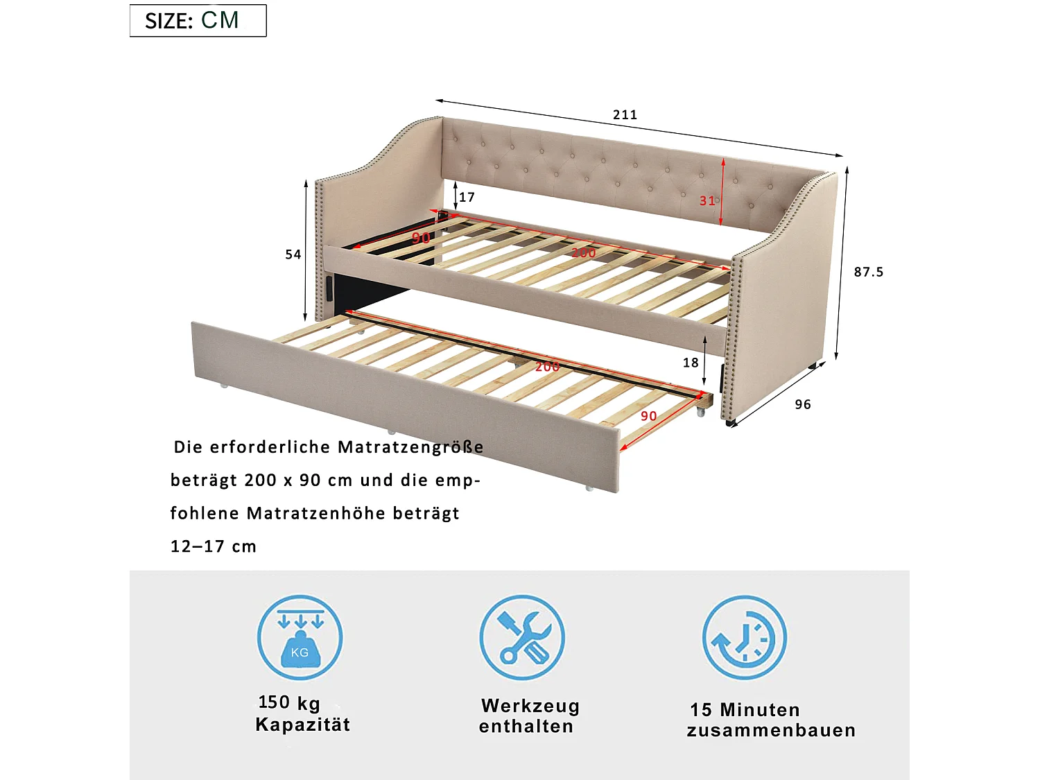 90x200 cm uitschuifbed, 2-zits slaapbank, lattenbodem, moderne ombouw – Beige