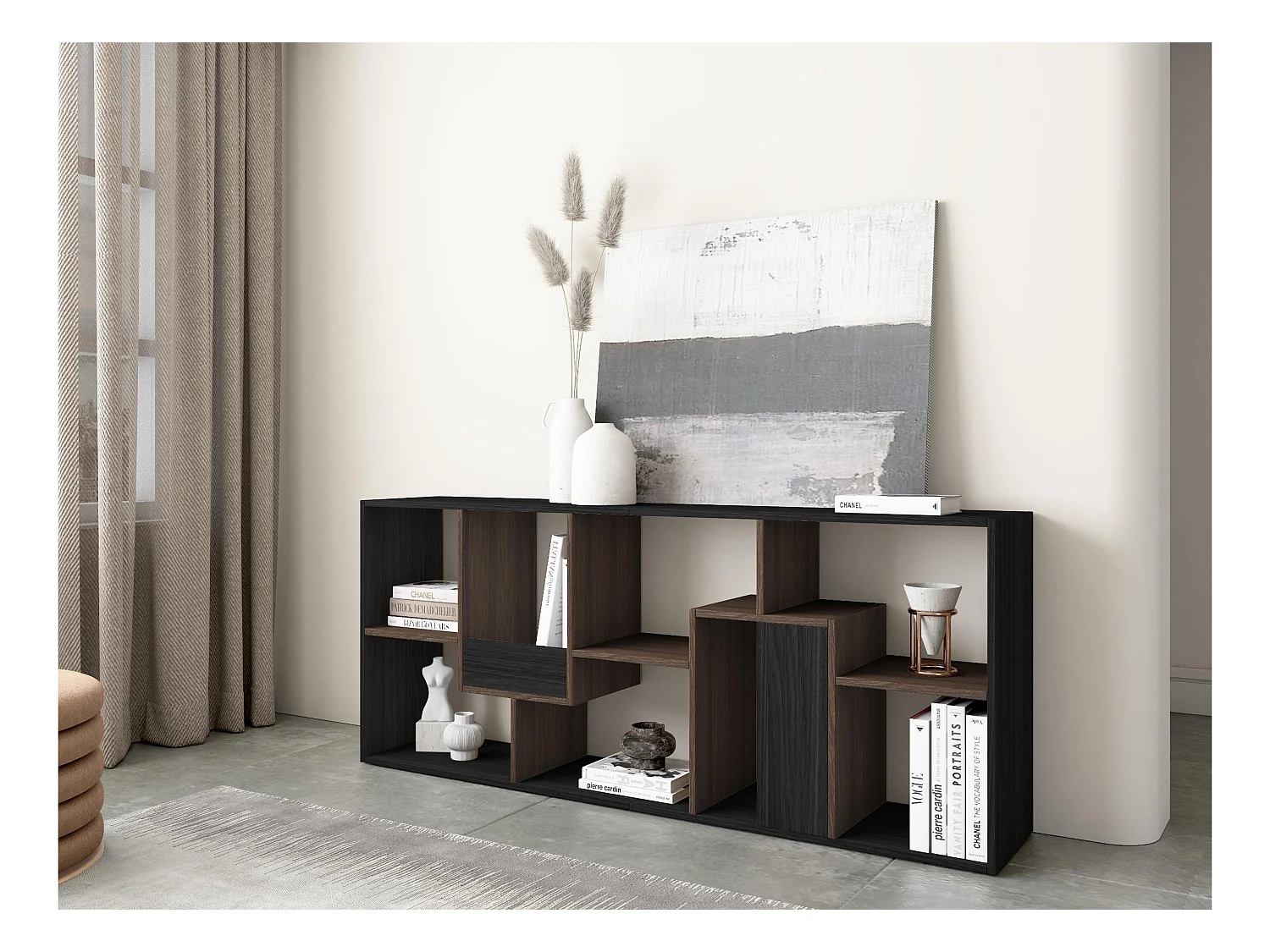 Librería estantería, 162x67x31cm, Con Almacenaje, Negro y Roble oscuro