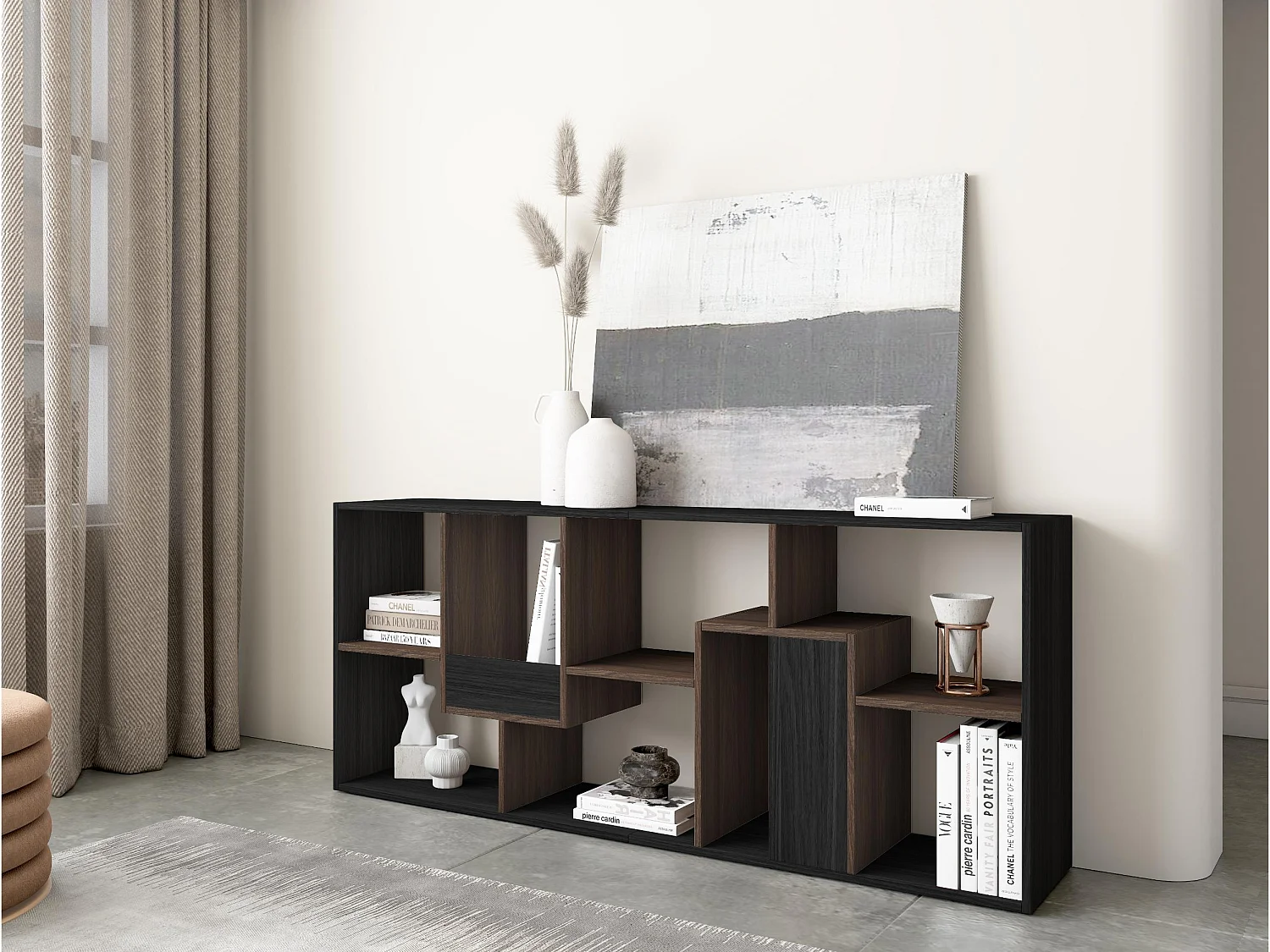 Boekenkast, Boekenplank, 162x67x31cm, Kantoorplank, Zwart en Donkere eik