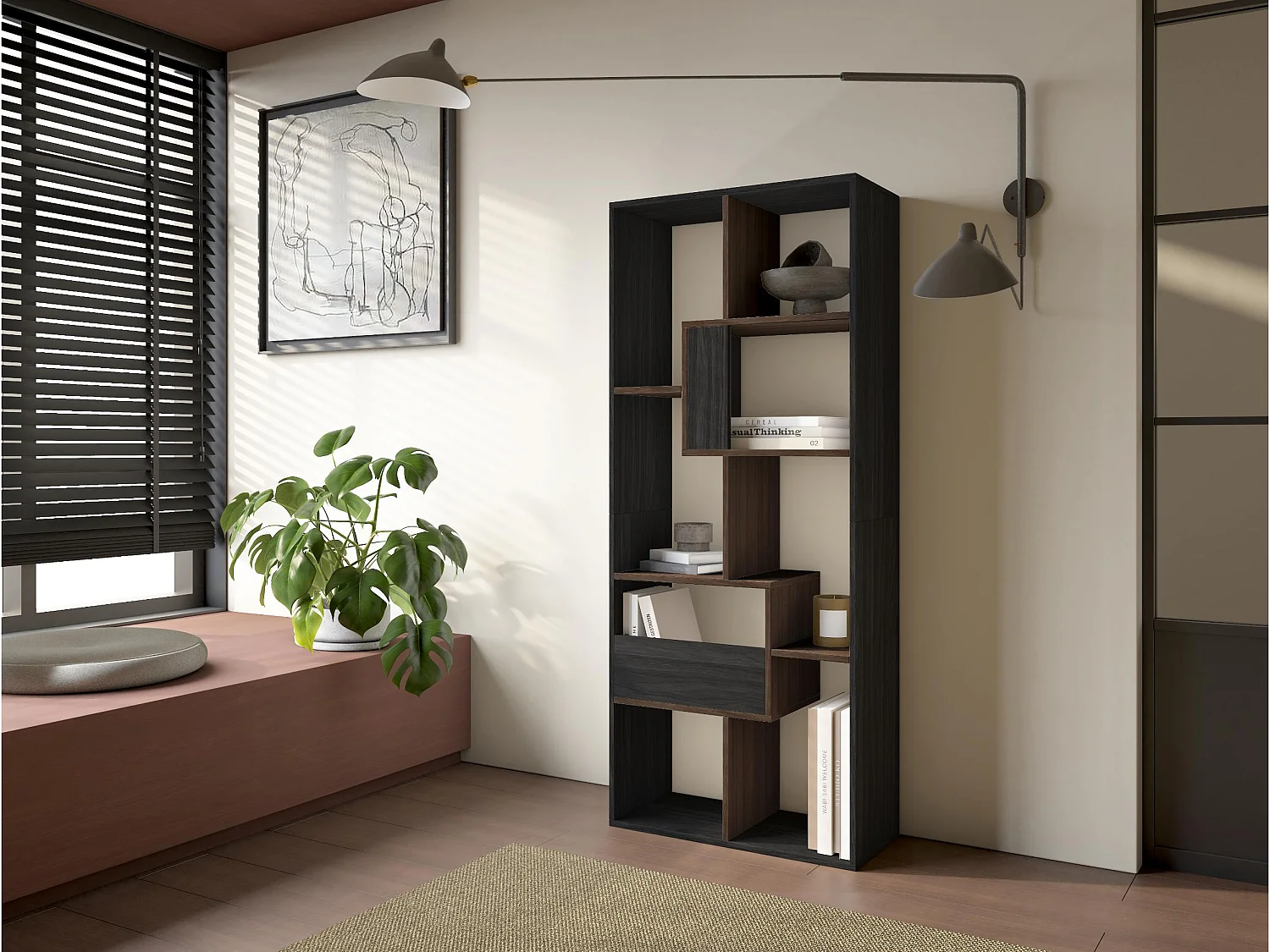 Boekenkast, Boekenplank, 162x67x31cm, Kantoorplank, Zwart en Donkere eik