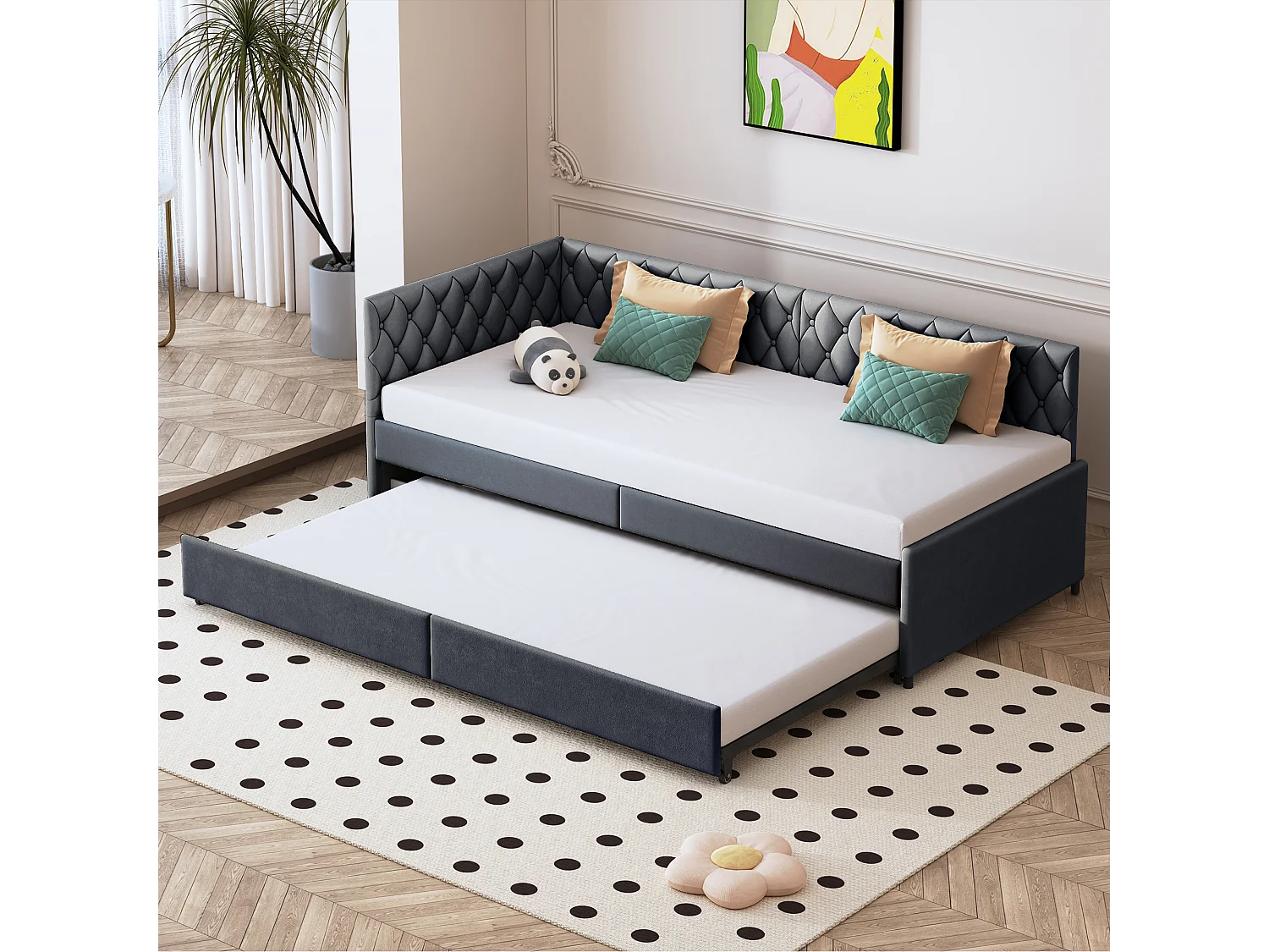 Ausziehbett 90x200 cm, Polsterschlafsofa, Leinenstoff, mit Lattenrost, ohne Matratze - Grau