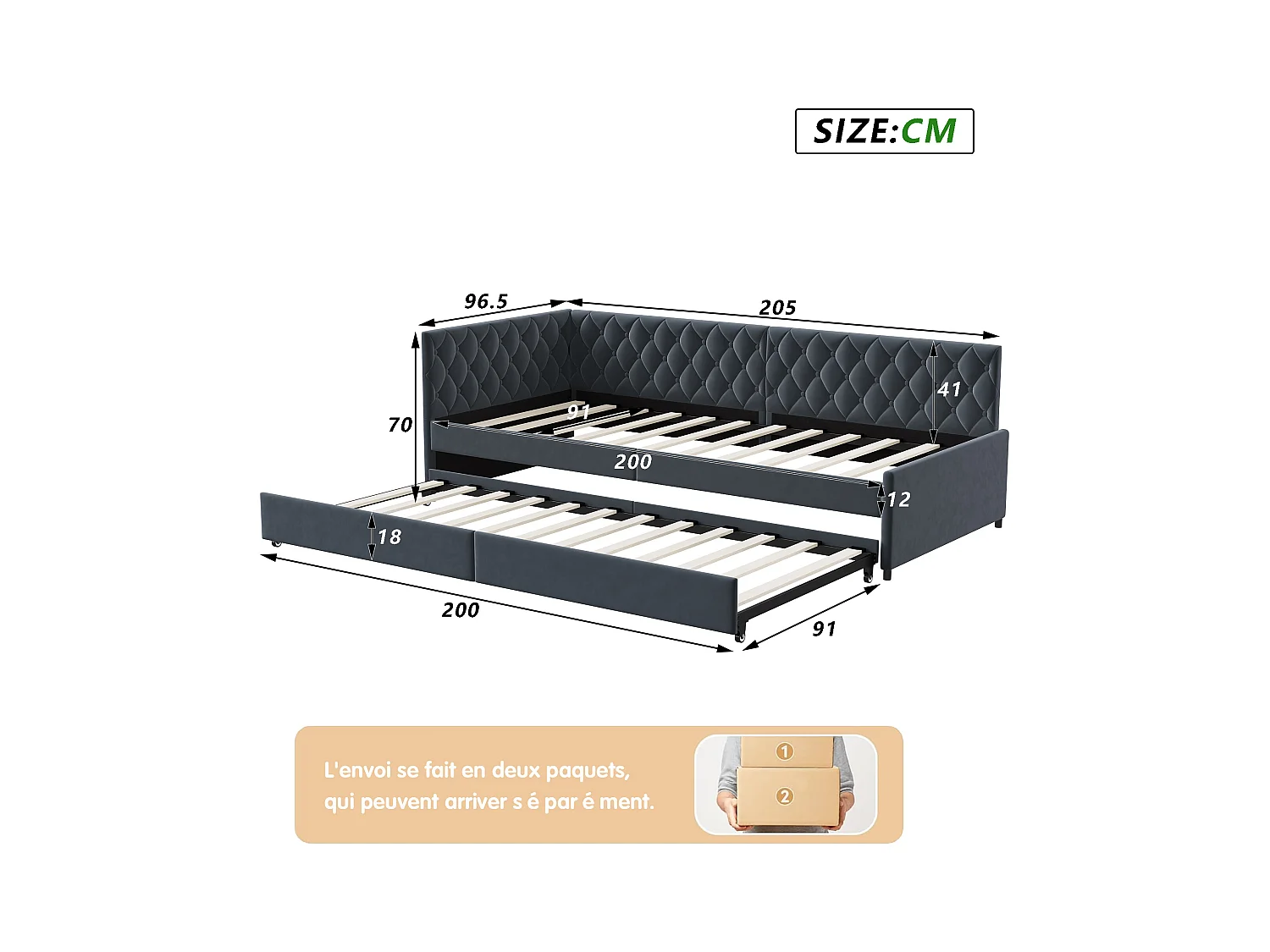 Ausziehbett 90x200 cm, Polsterschlafsofa, Leinenstoff, mit Lattenrost, ohne Matratze - Grau