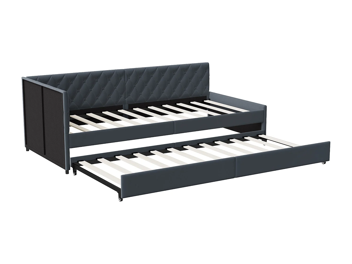 Lit gigogne 90x200 cm, canapé-lit rembourré, tissu en lin, avec sommier à lattes, sans matelas – Gris