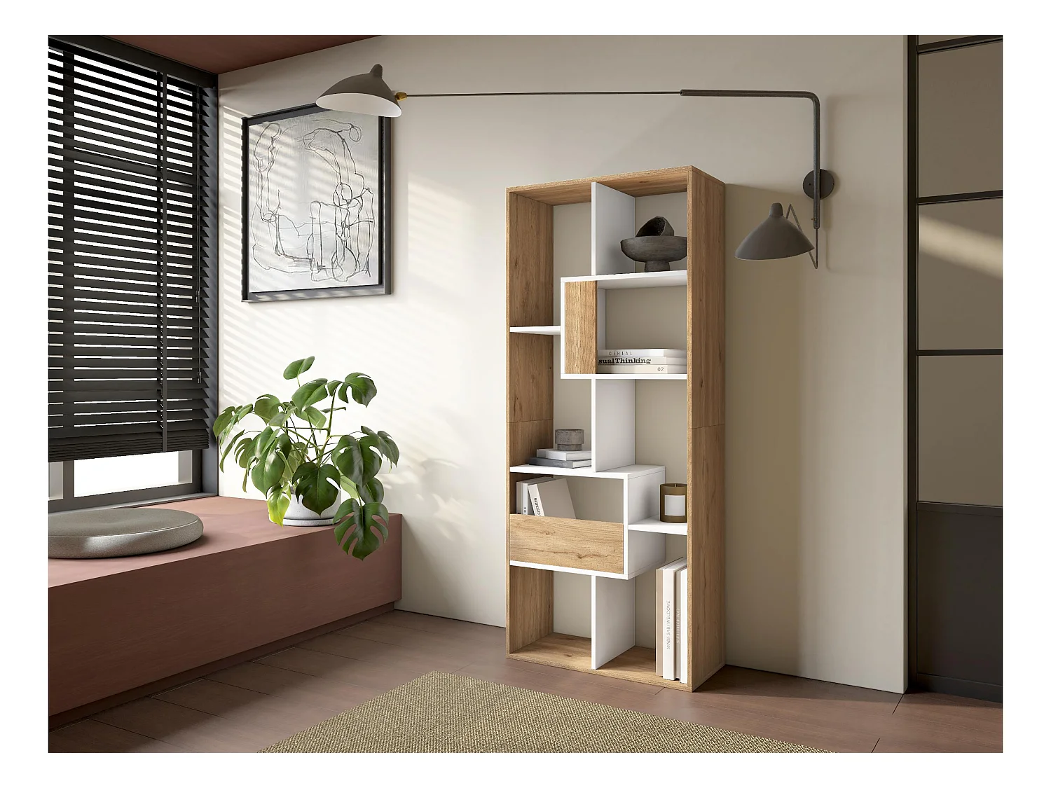 Boekenkast, Boekenplank, 162x67x31cm, Kantoorplank, Eiken/Wit