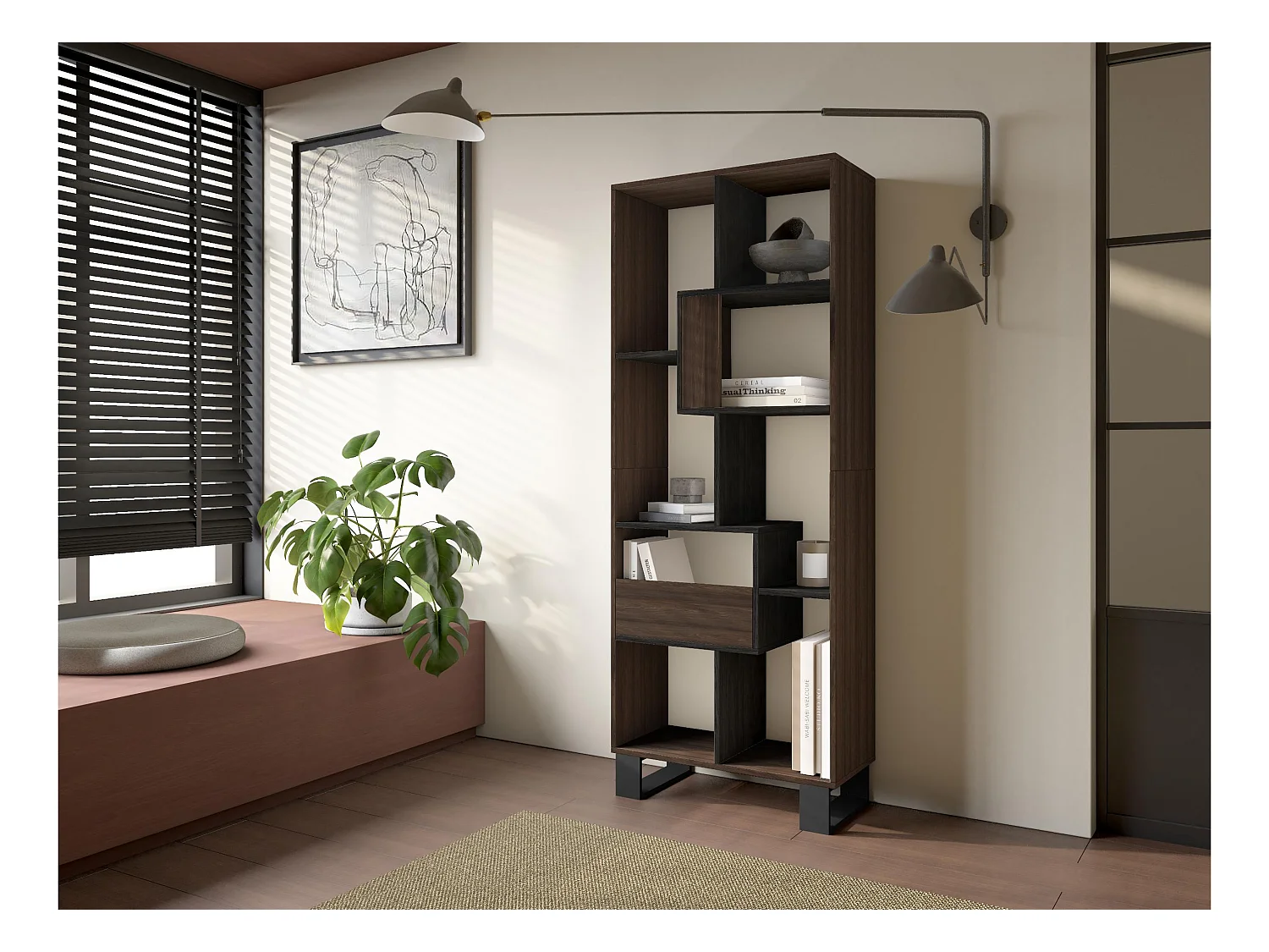 Boekenkast, Boekenplank, 174x67x31, Industrieel design, Donkere eik en Zwart