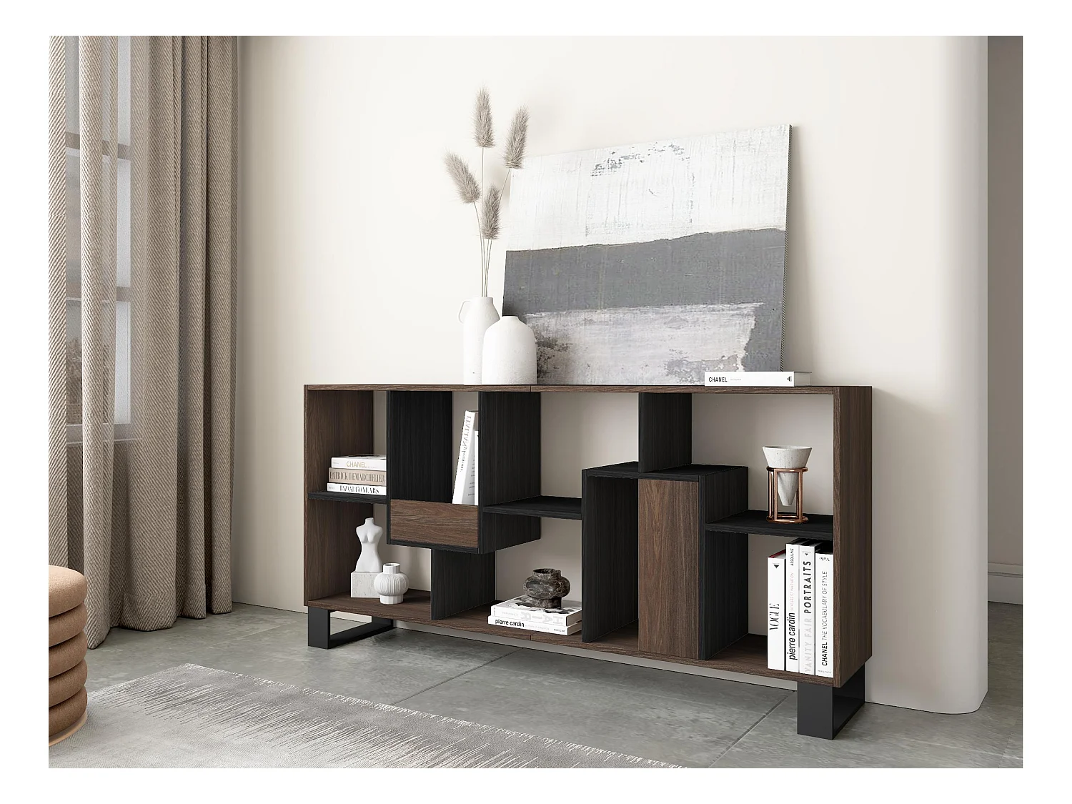 Boekenkast, Boekenplank, 174x67x31, Industrieel design, Donkere eik en Zwart