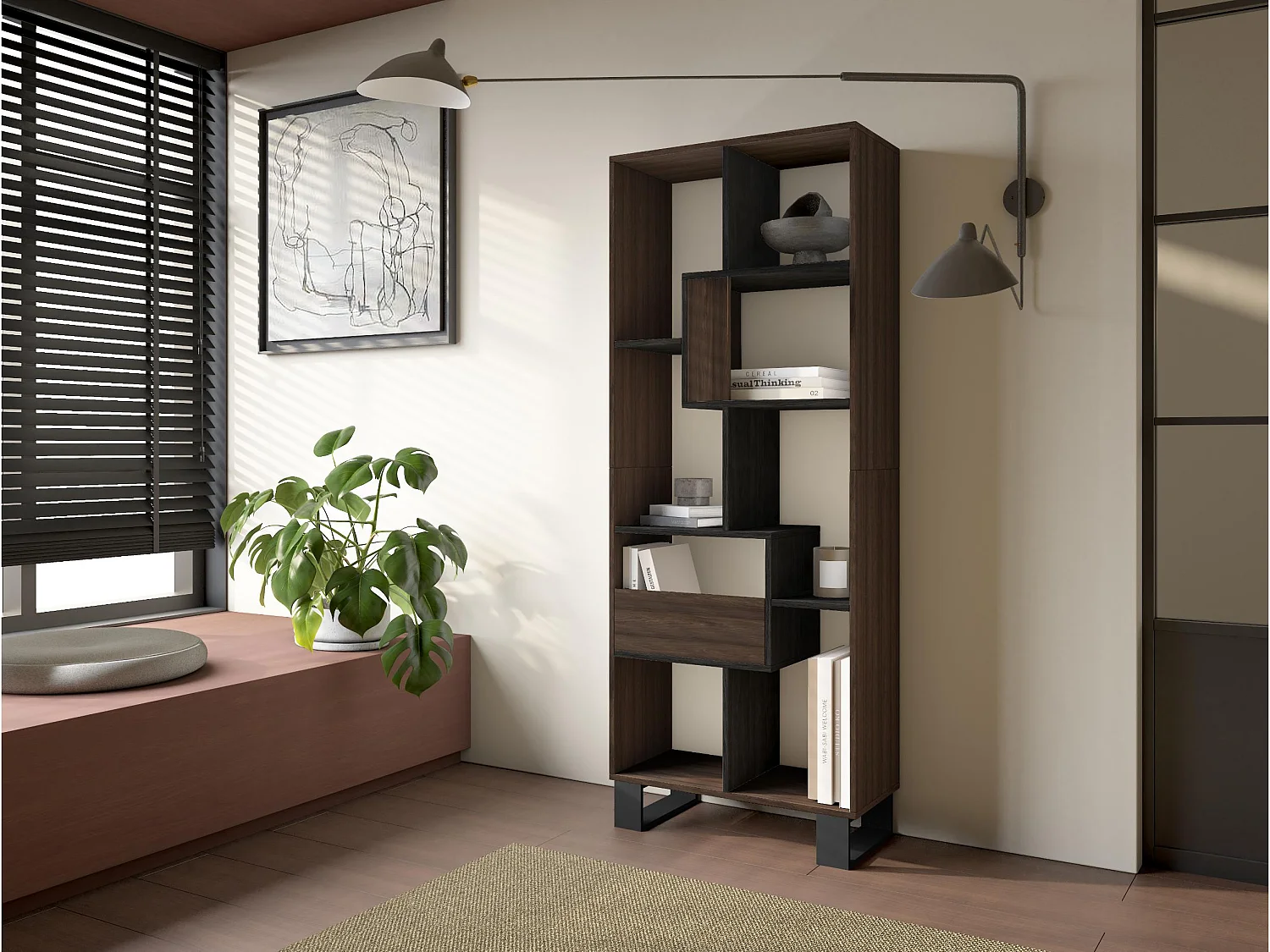 Boekenkast, Boekenplank, 174x67x31, Industrieel design, Donkere eik en Zwart