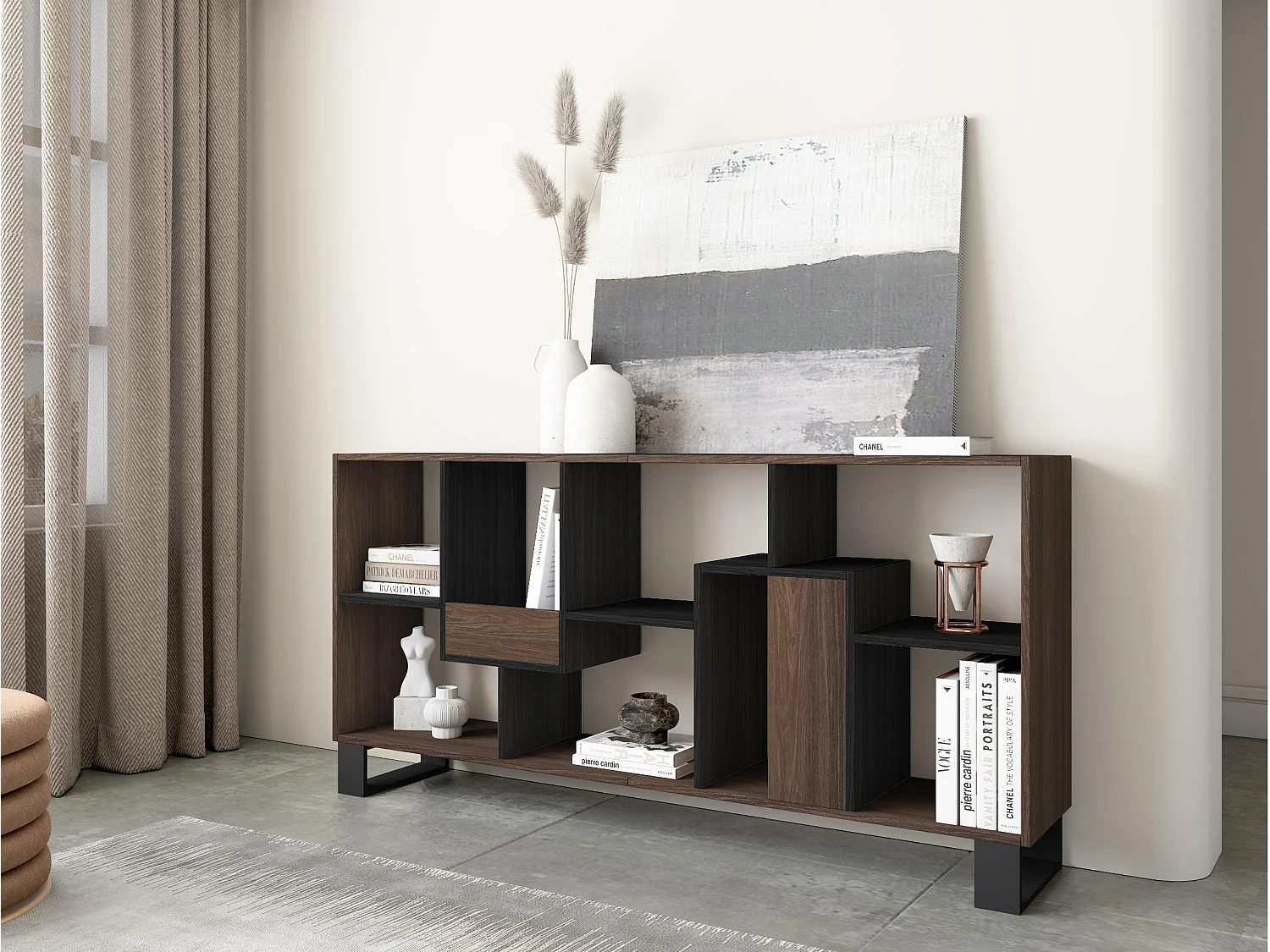 Estantes de prateleiras , 174x67x31, Design industrial, Carvalho escuro e Preto