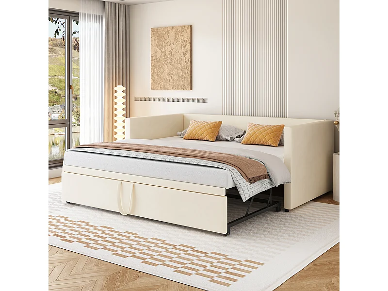 Uitschuifbed 90/180x200 cm – Omvormbaar gestoffeerd bed met lattenbodems – Multifunctionele uitschuifbare slaapbank in zachte fluwelen stof – Beige